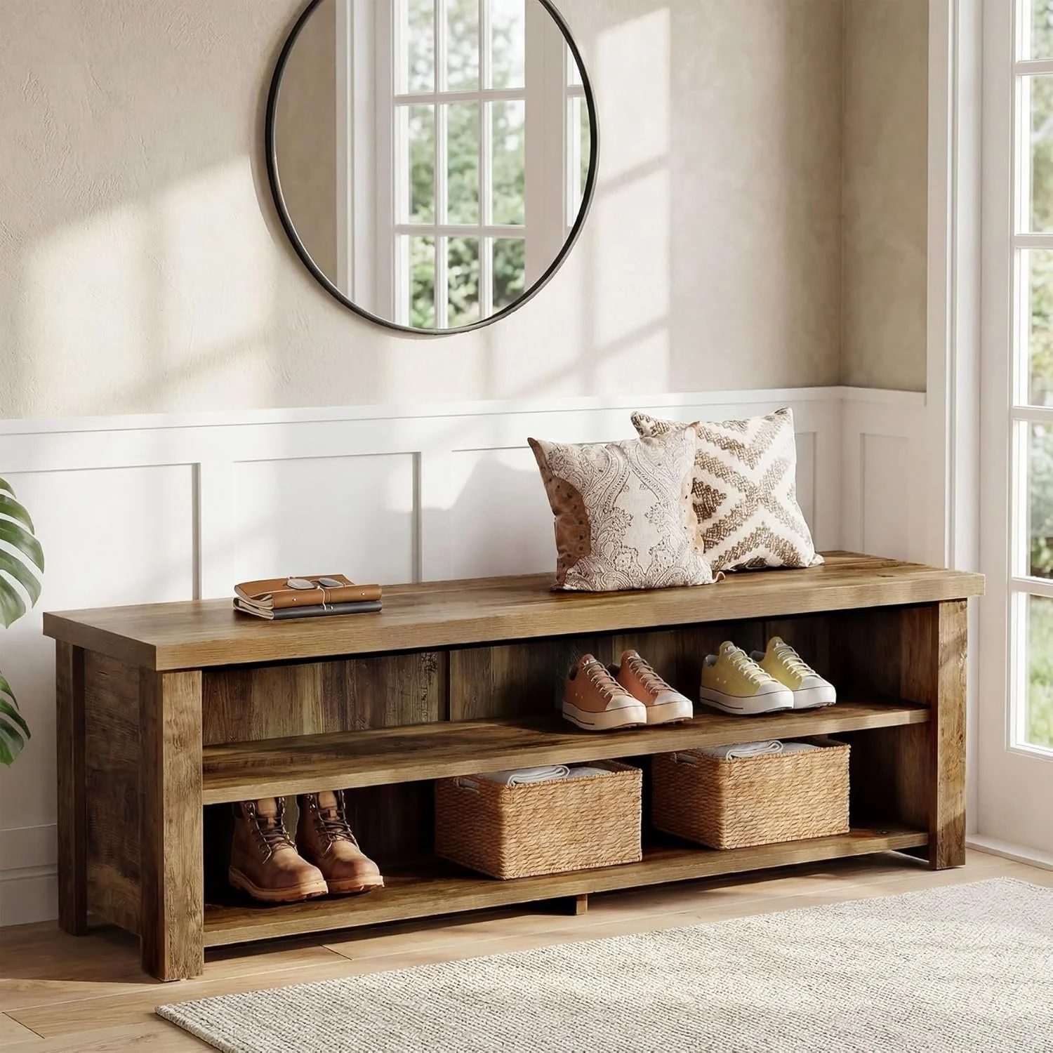 55.1" Entryway Bench with Storage, 2-Tier Farmhouse Shoe Storage Rack for Entryway - Image 3