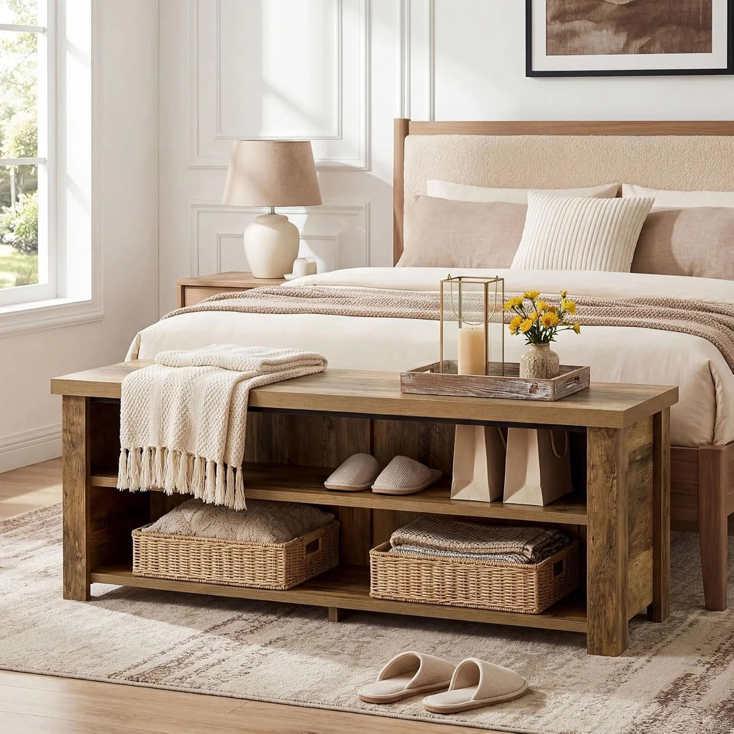 55.1" Entryway Bench with Storage, 2-Tier Farmhouse Shoe Storage Rack for Entryway - Image 4
