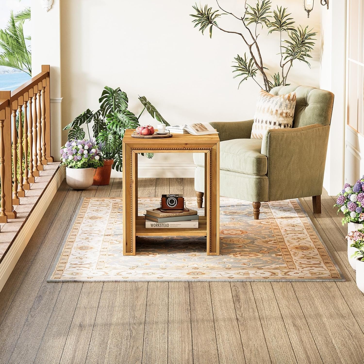 19.6" Solid Wood End Table, 2-Tier Farmhouse Side Table Nightstand with Storage Shelves - Image 7