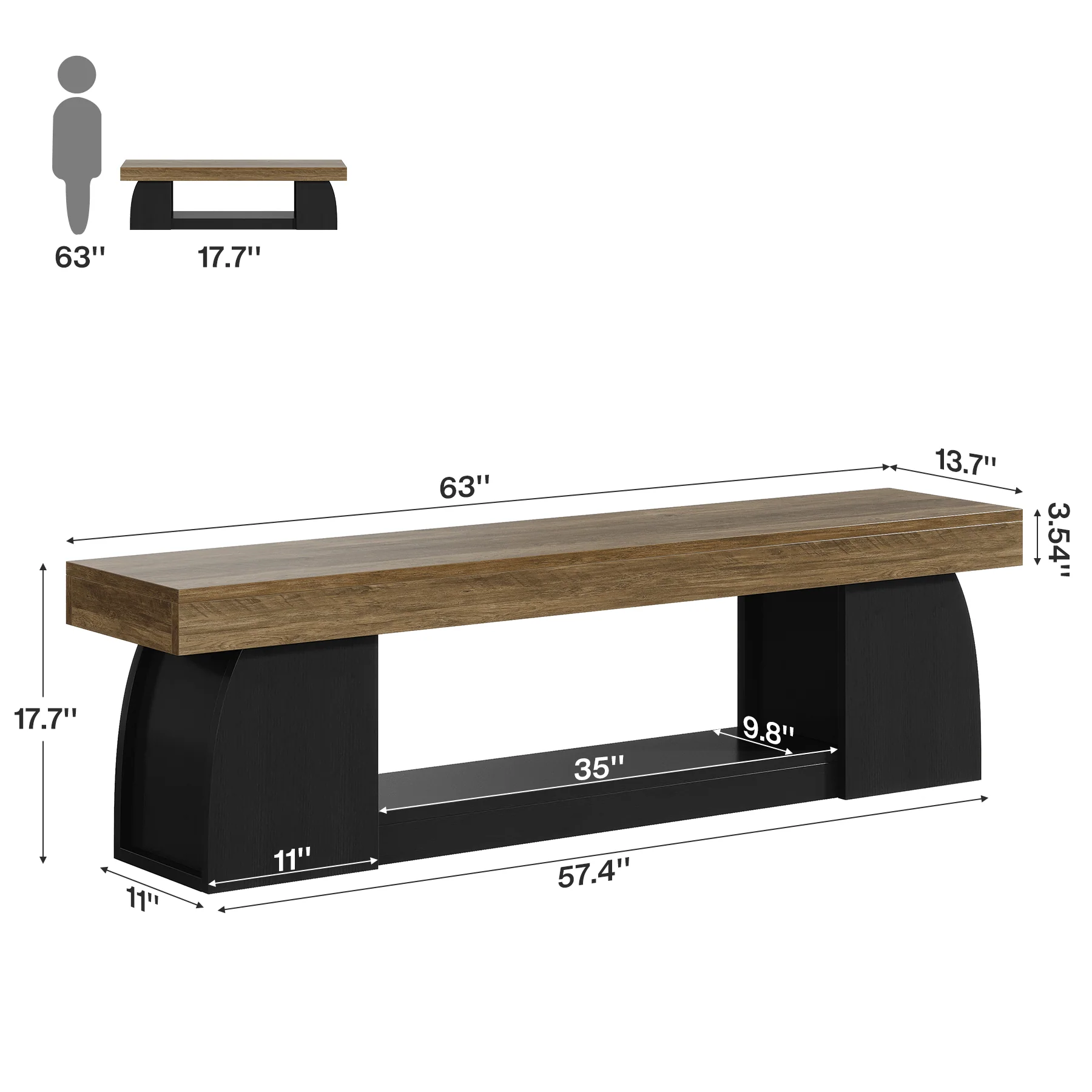63" Farmhouse Entryway Bench, 2-Tier Long End of Bed Bench with Studry Frame - Image 2