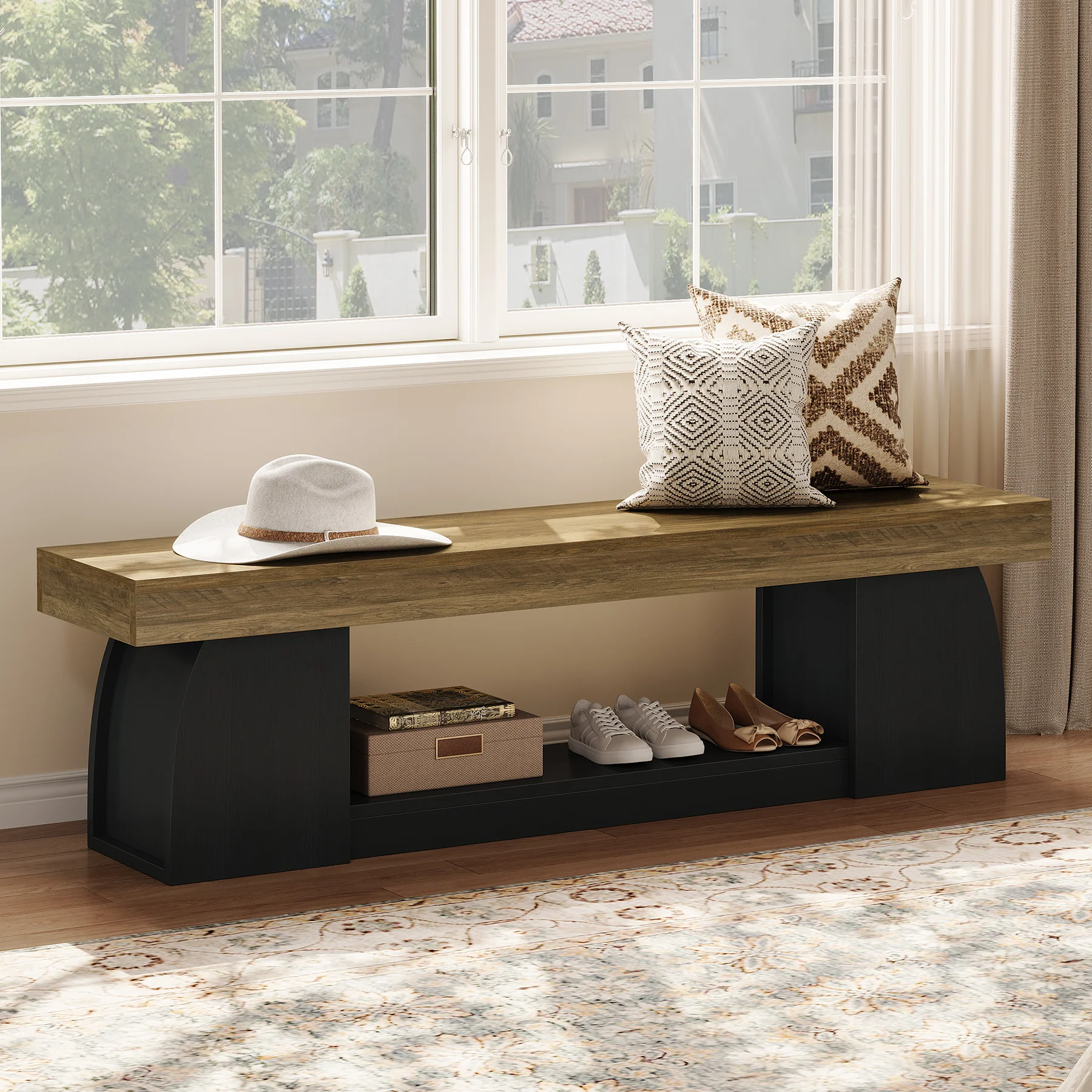 63" Farmhouse Entryway Bench, 2-Tier Long End of Bed Bench with Studry Frame - Image 3