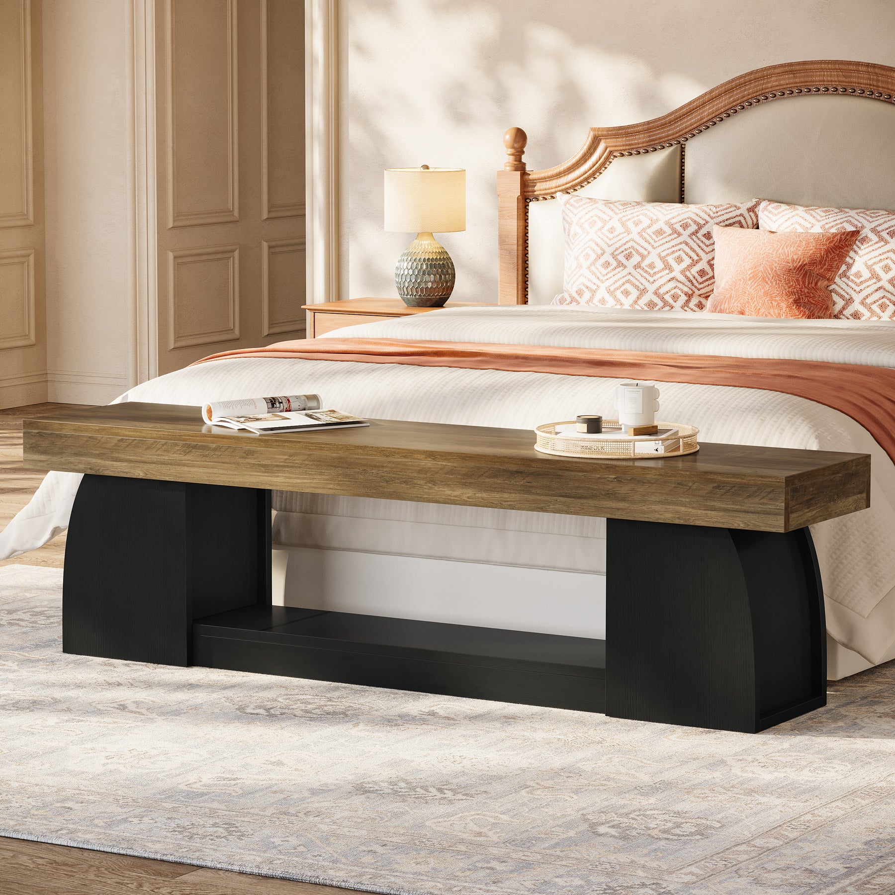 63" Farmhouse Entryway Bench, 2-Tier Long End of Bed Bench with Studry Frame - Image 4