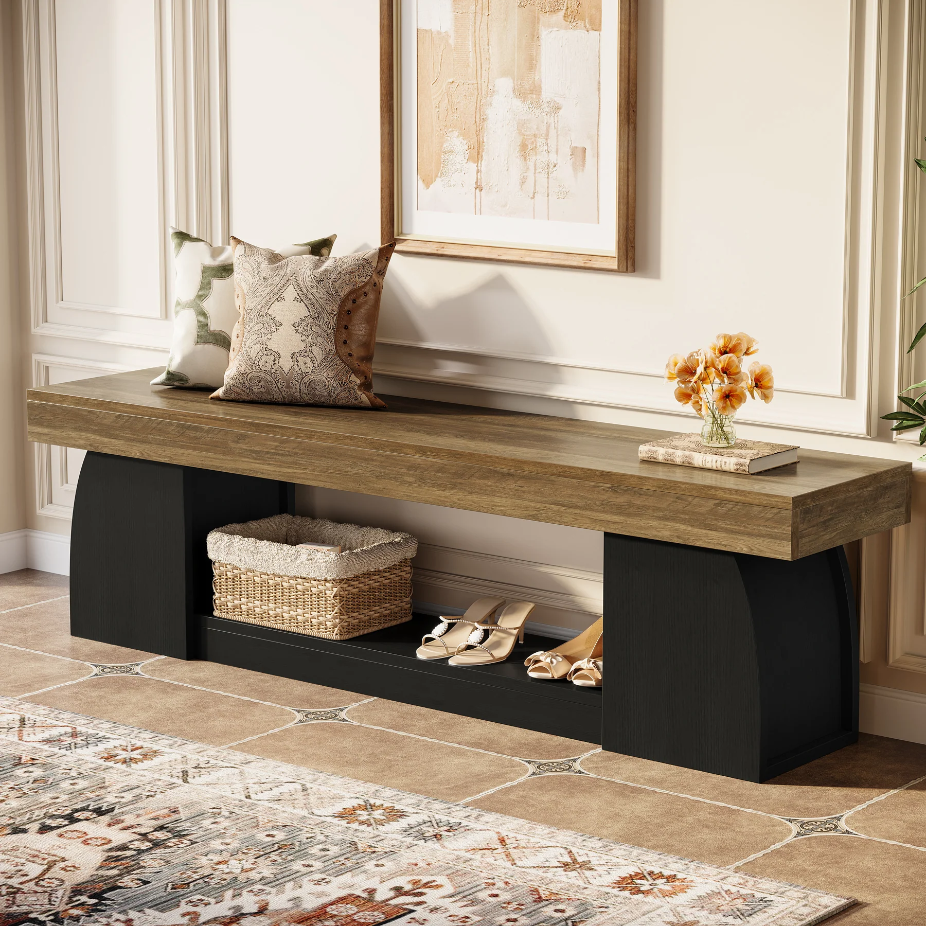 63" Farmhouse Entryway Bench, 2-Tier Long End of Bed Bench with Studry Frame - Image 5