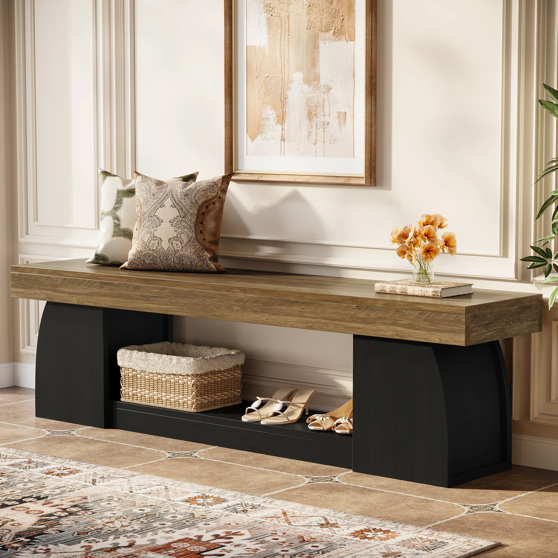 63" Farmhouse Entryway Bench, 2-Tier Long End of Bed Bench with Studry Frame - Image 8