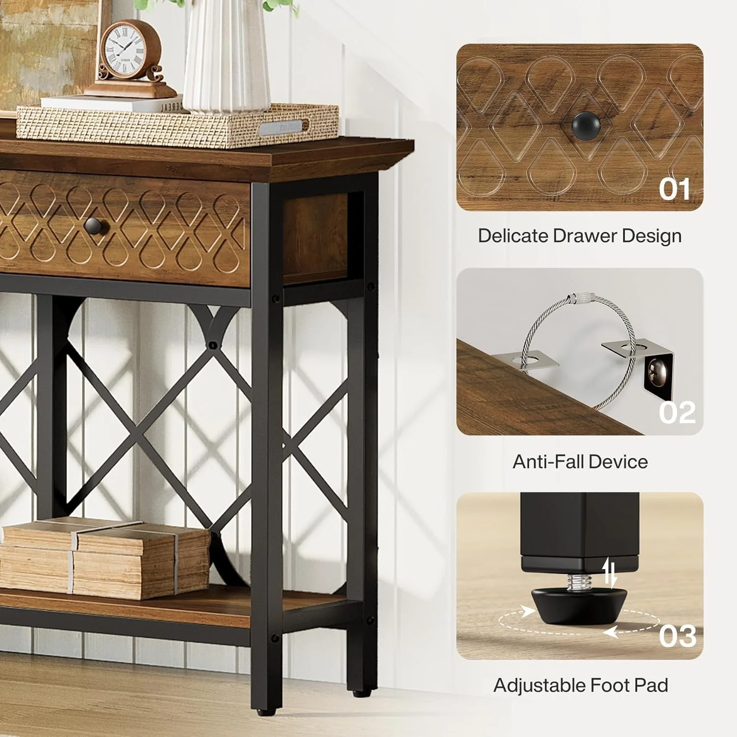 70.8" Console Table, 2-Tier Narrow Entryway Table Sofa Table with 3 Drawers - Image 7