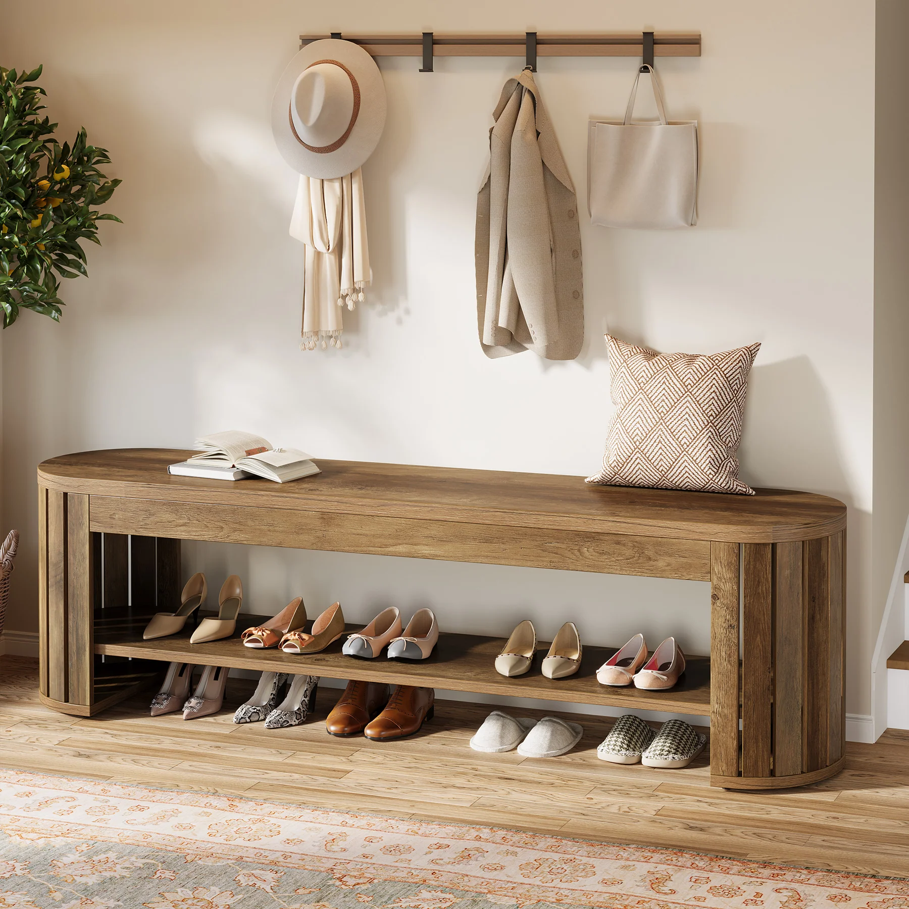 63" Entryway Bench, 2-Tier Narrow Shoe Bench with Shoe Storage - Image 3