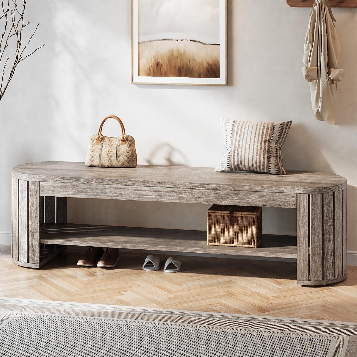 63" Entryway Bench, 2-Tier Narrow Shoe Bench with Shoe Storage - Image 9