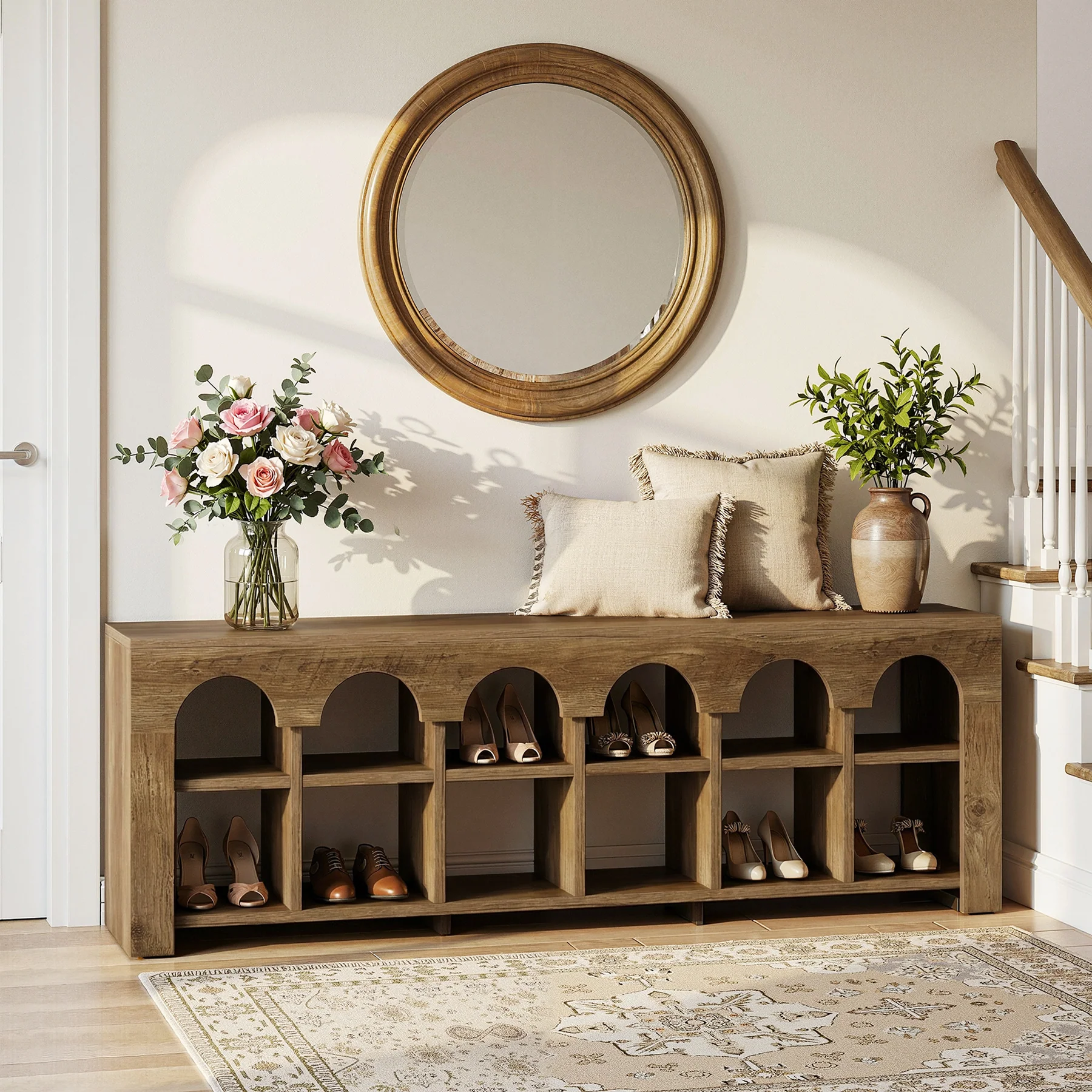 63" Entryway Bench, 2-Tier Narrow Shoe Storage Bench with Arched Cubbies - Image 3