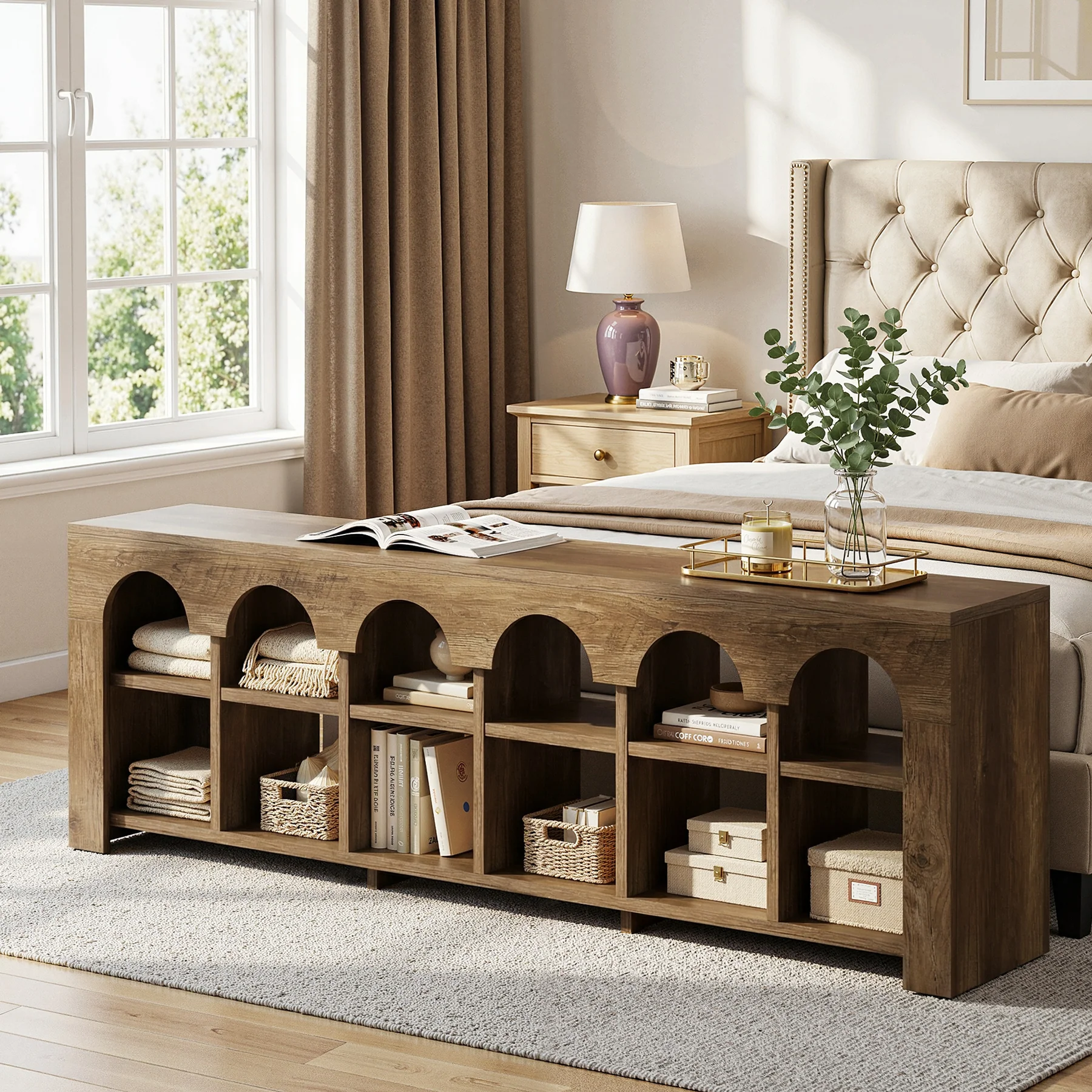 63" Entryway Bench, 2-Tier Narrow Shoe Storage Bench with Arched Cubbies - Image 4