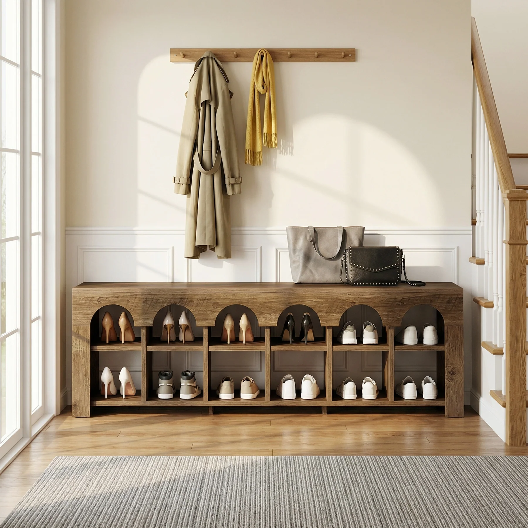 63" Entryway Bench, 2-Tier Narrow Shoe Storage Bench with Arched Cubbies - Image 5