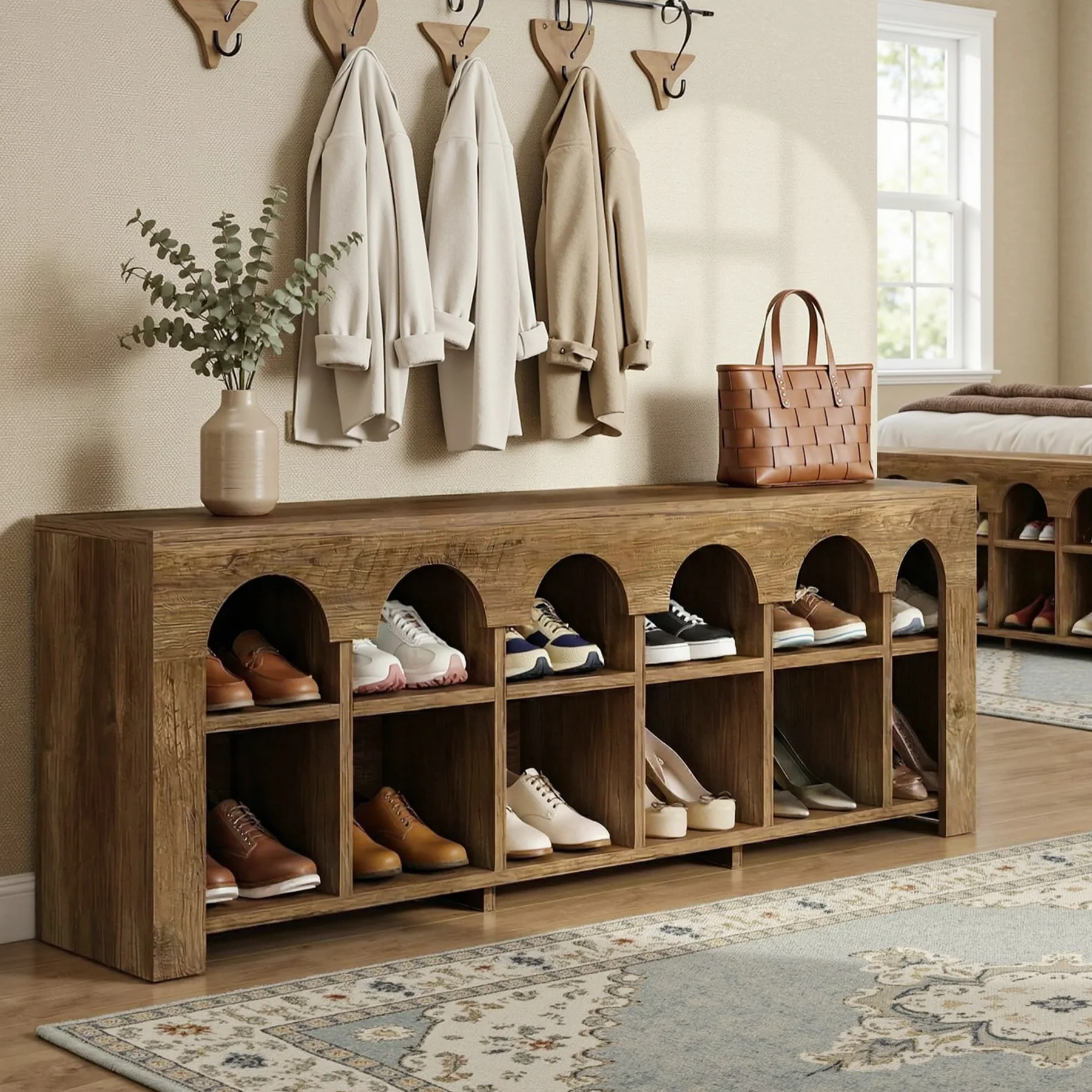 63" Entryway Bench, 2-Tier Narrow Shoe Storage Bench with Arched Cubbies - Image 6