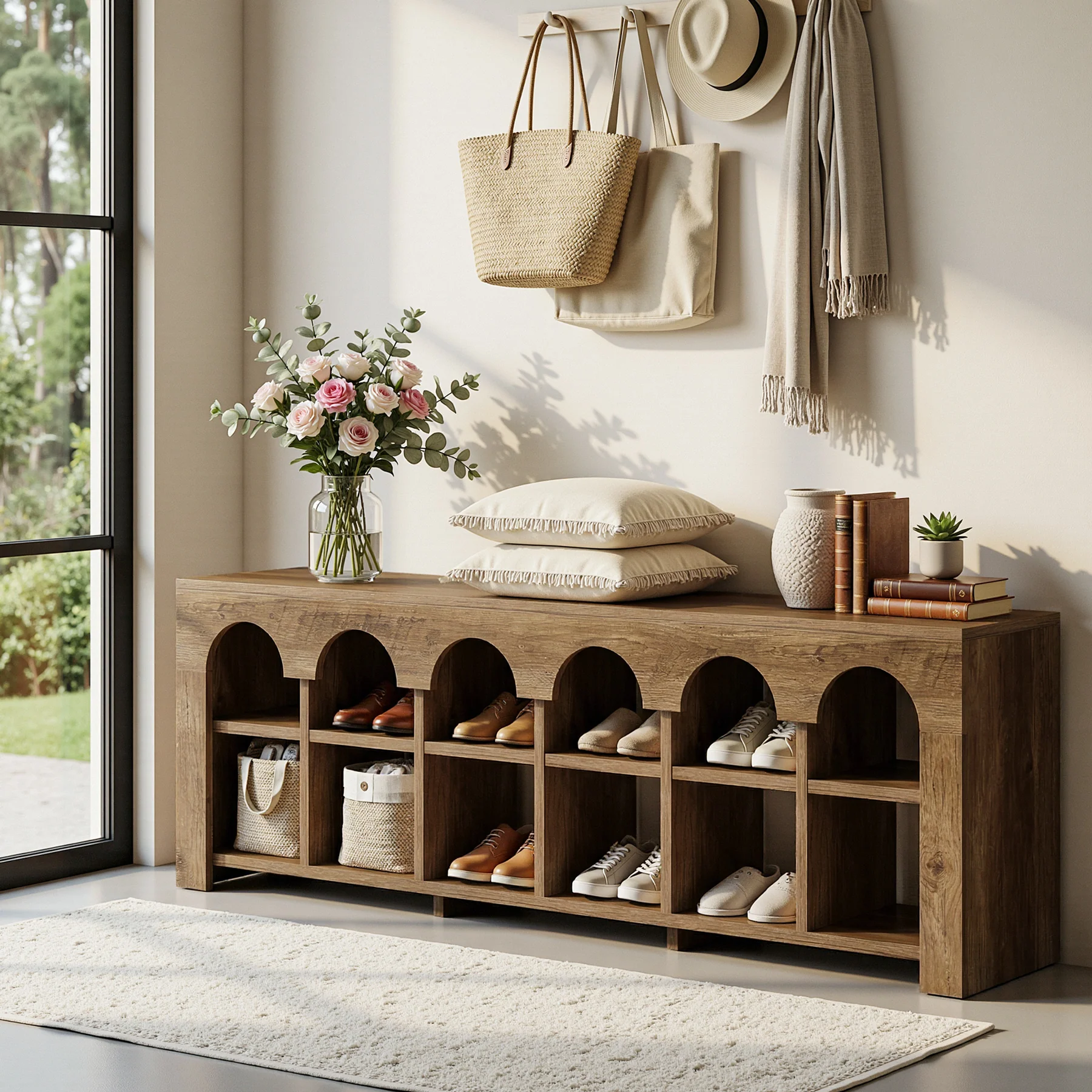 63" Entryway Bench, 2-Tier Narrow Shoe Storage Bench with Arched Cubbies - Image 7