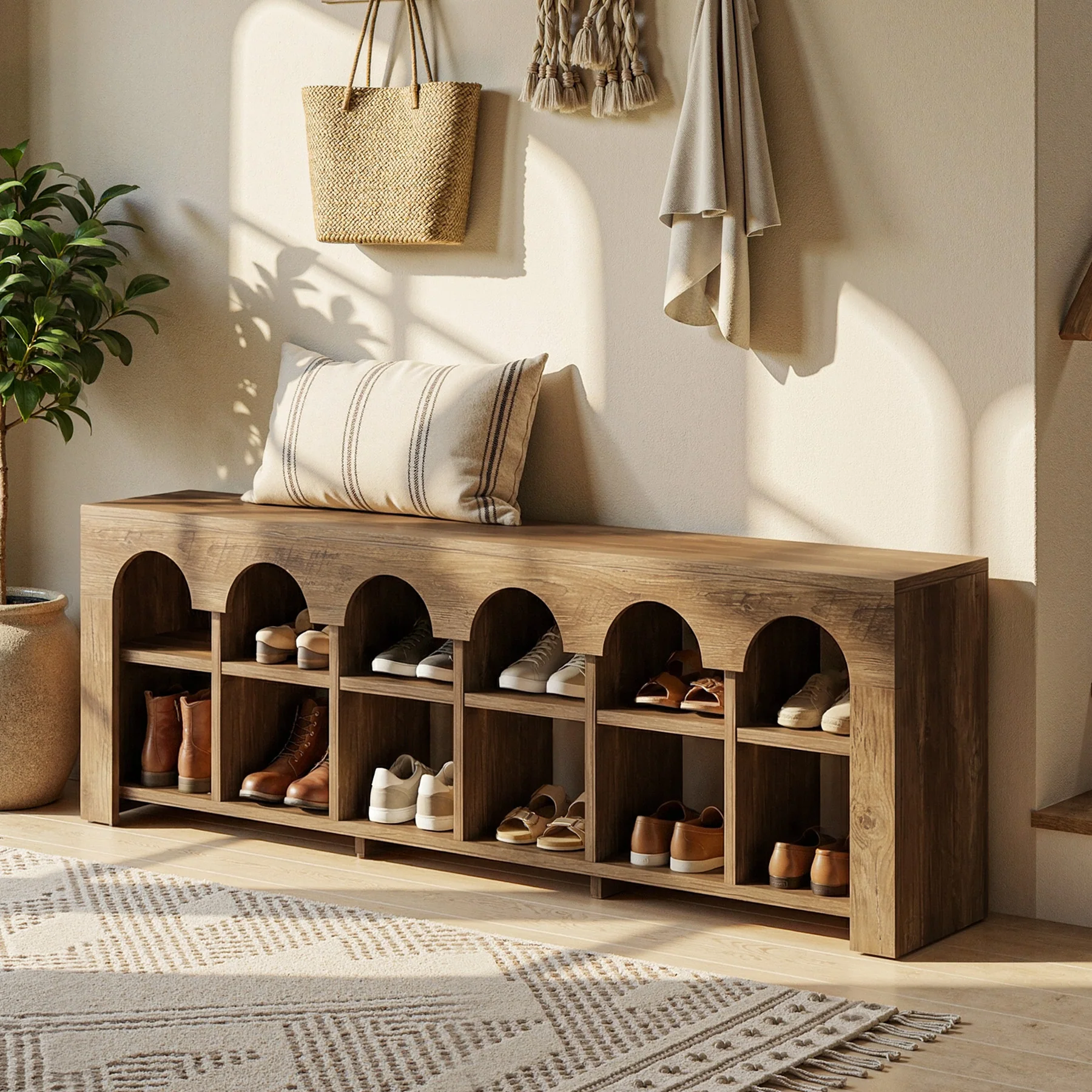 63" Entryway Bench, 2-Tier Narrow Shoe Storage Bench with Arched Cubbies - Image 9