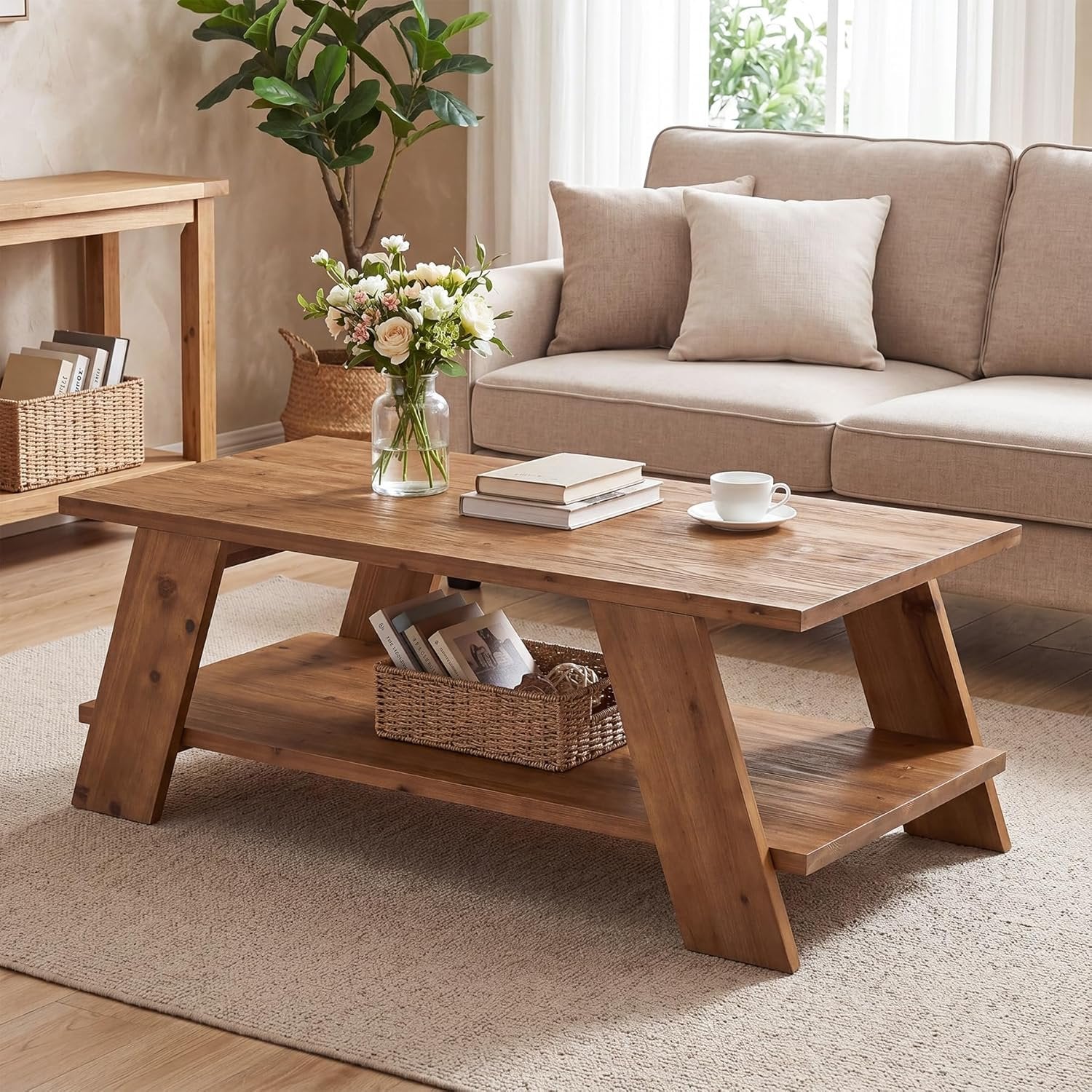 47" Solid Wood Coffee Table, 2-Tier Rectangle Center Table with Storage Shelf for Living Room