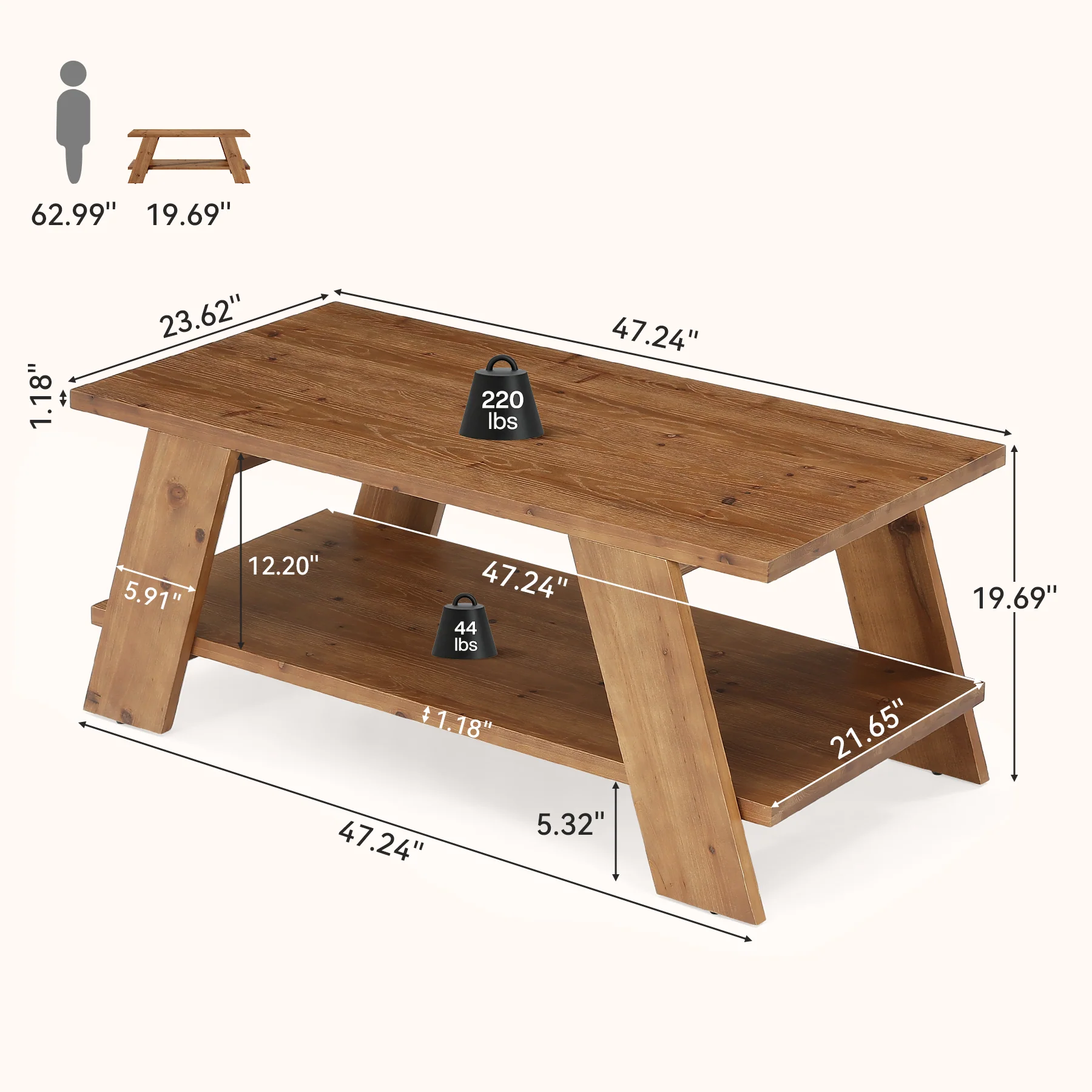 47" Solid Wood Coffee Table, 2-Tier Rectangle Center Table with Storage Shelf for Living Room - Image 2