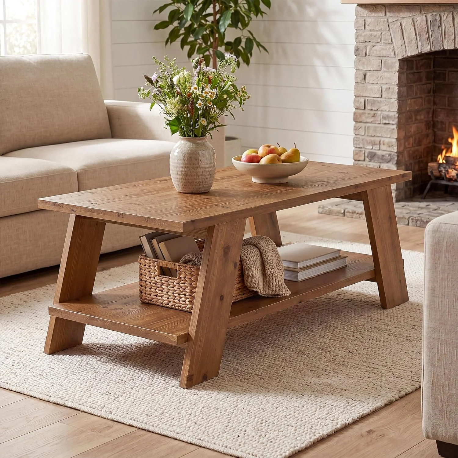 47" Solid Wood Coffee Table, 2-Tier Rectangle Center Table with Storage Shelf for Living Room - Image 3