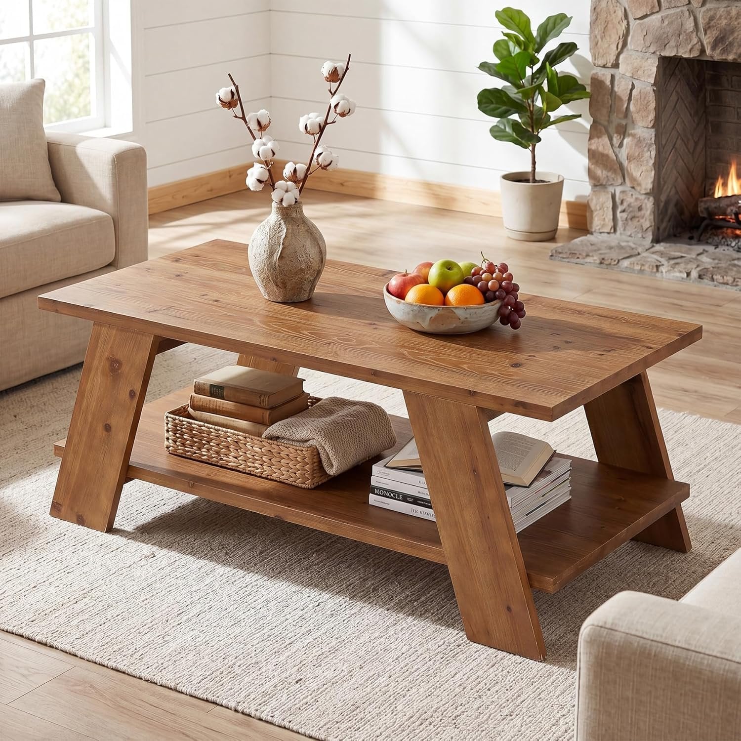 47" Solid Wood Coffee Table, 2-Tier Rectangle Center Table with Storage Shelf for Living Room - Image 4