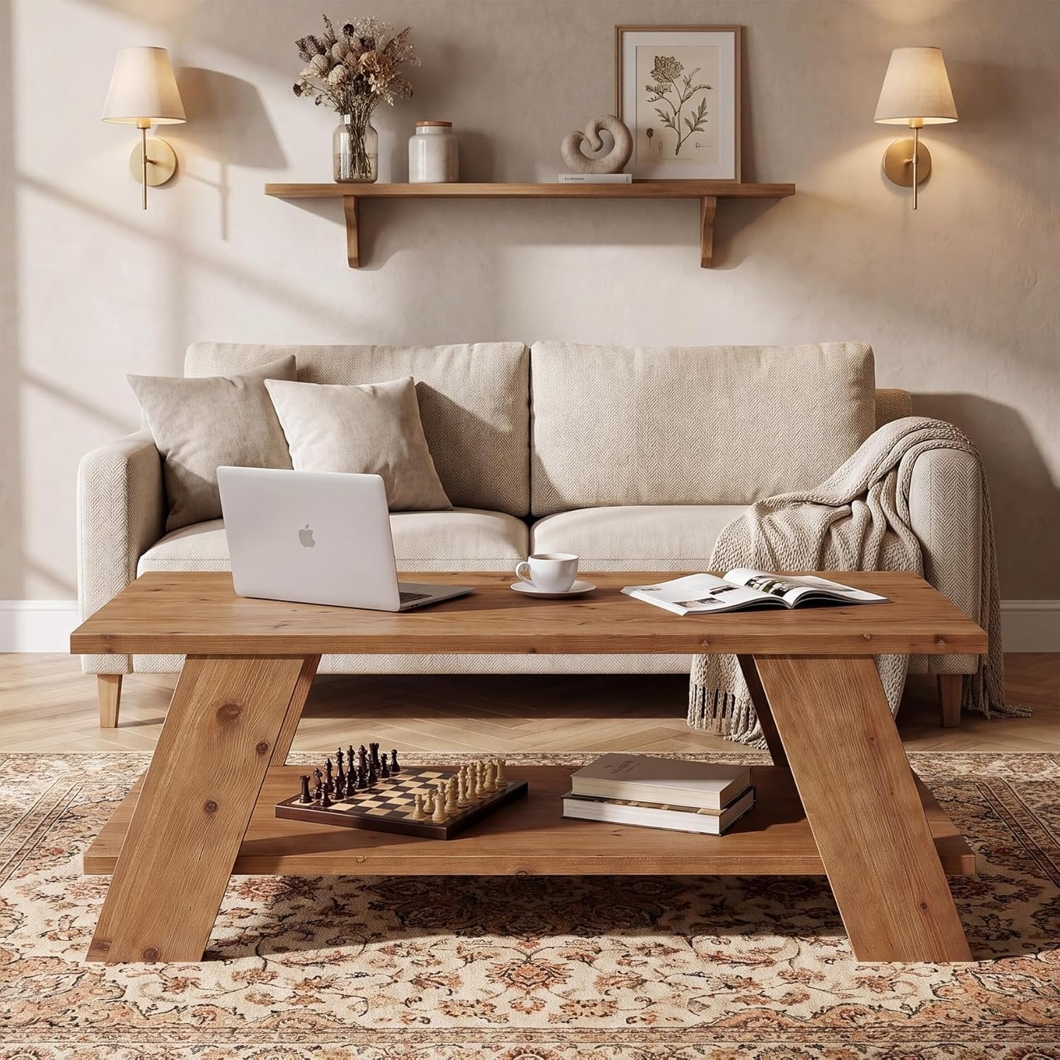 47" Solid Wood Coffee Table, 2-Tier Rectangle Center Table with Storage Shelf for Living Room - Image 5