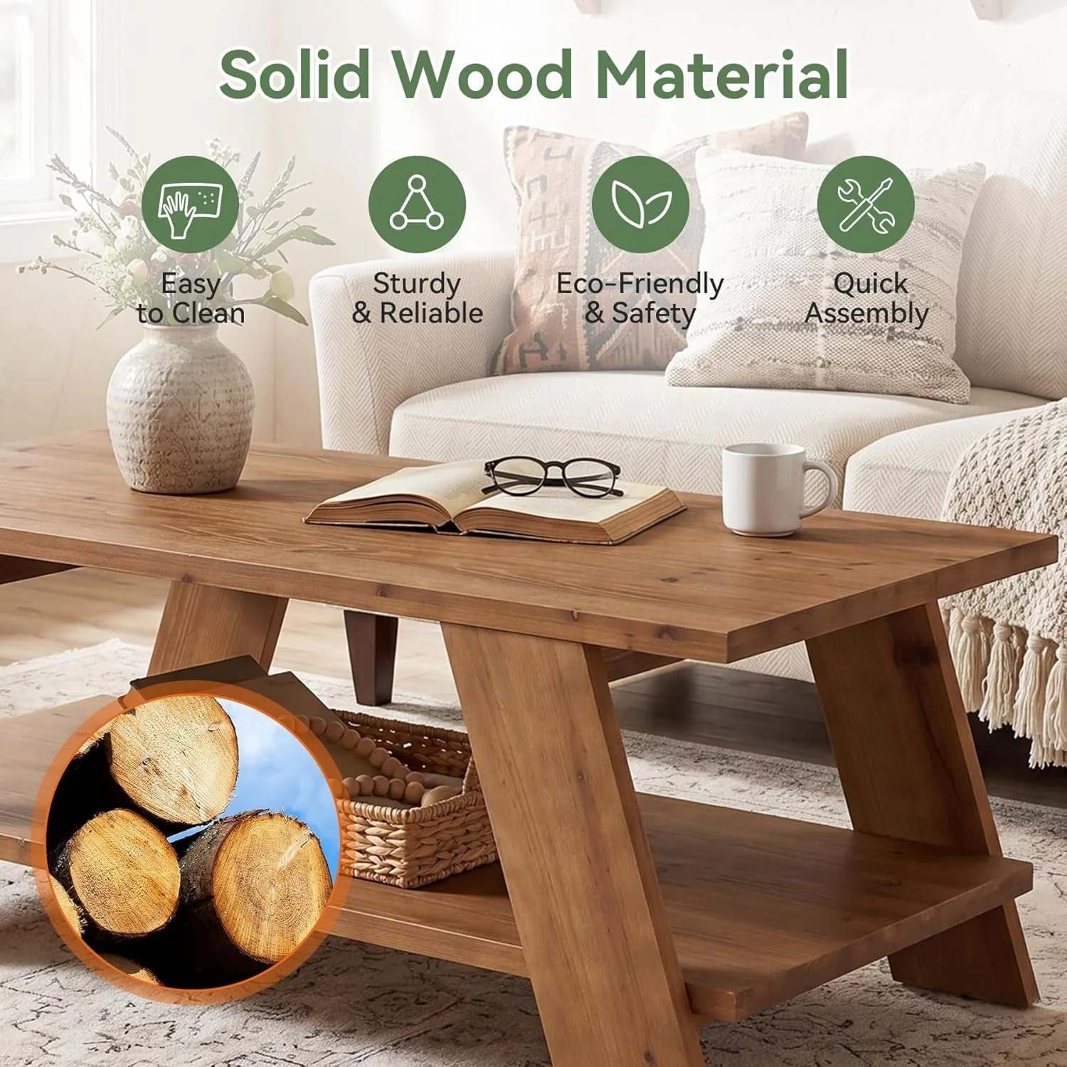 47" Solid Wood Coffee Table, 2-Tier Rectangle Center Table with Storage Shelf for Living Room - Image 6