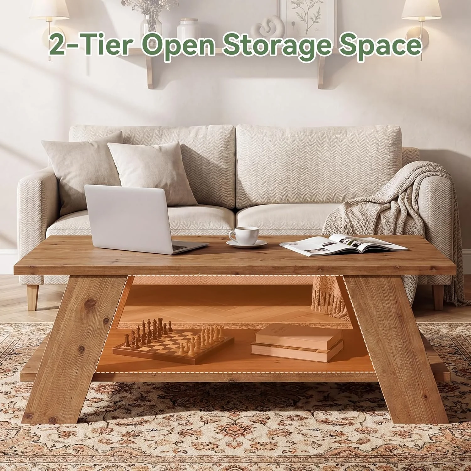 47" Solid Wood Coffee Table, 2-Tier Rectangle Center Table with Storage Shelf for Living Room - Image 7
