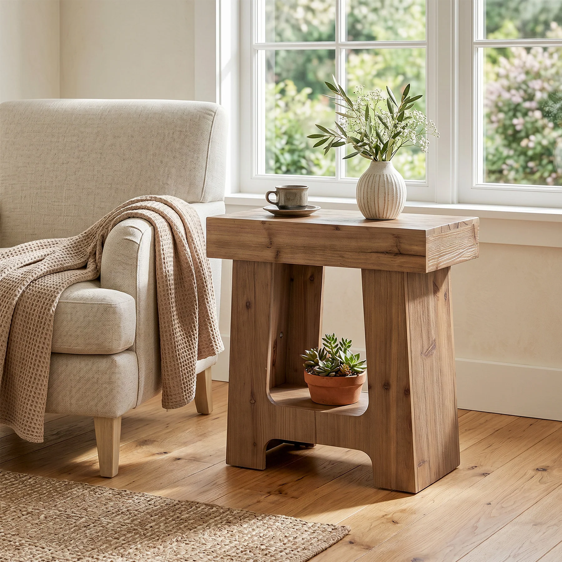 23.6" Solid Wood End Table, 2-Tier Side Table Rectangular Narrow Nightstand