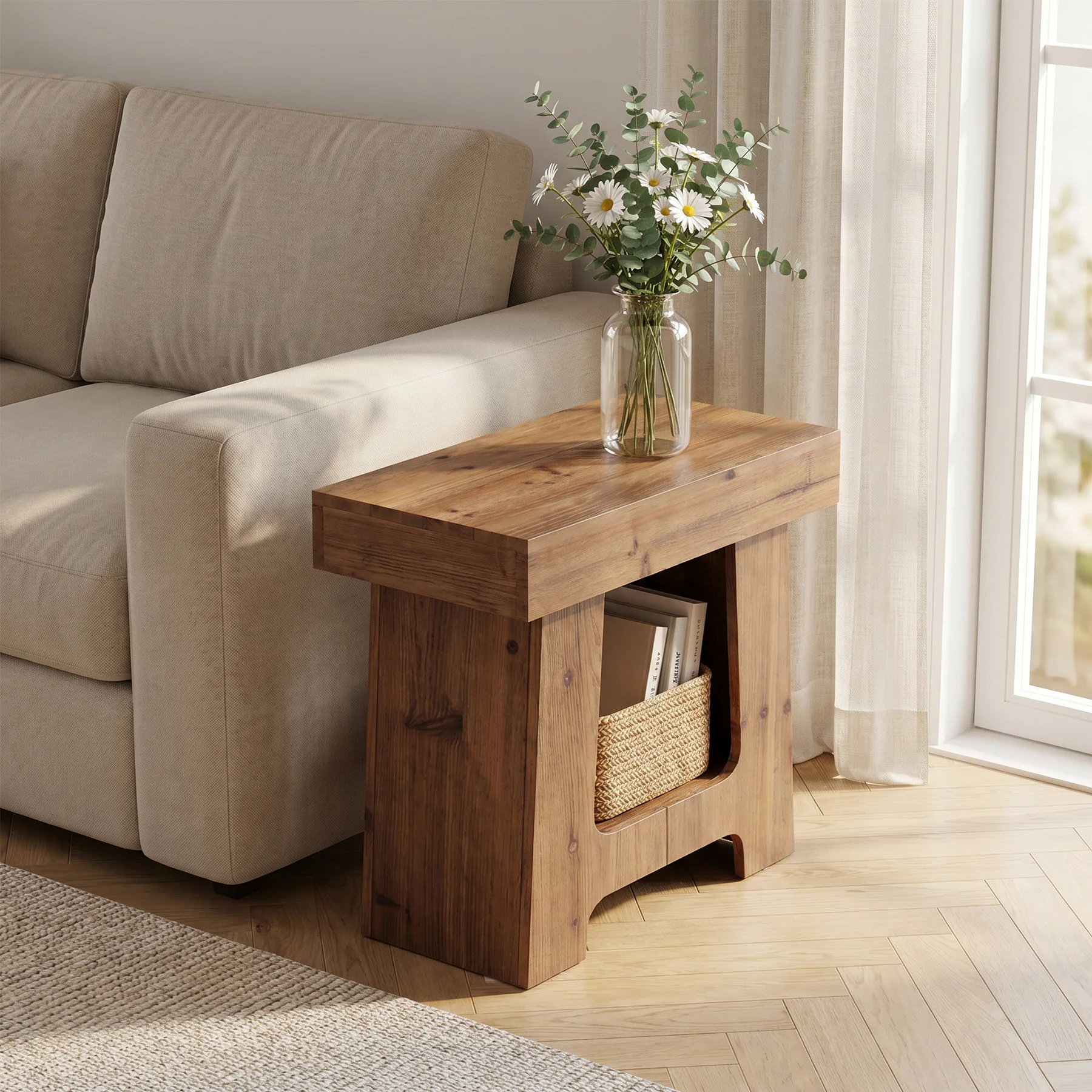 23.6" Solid Wood End Table, 2-Tier Side Table Rectangular Narrow Nightstand - Image 4