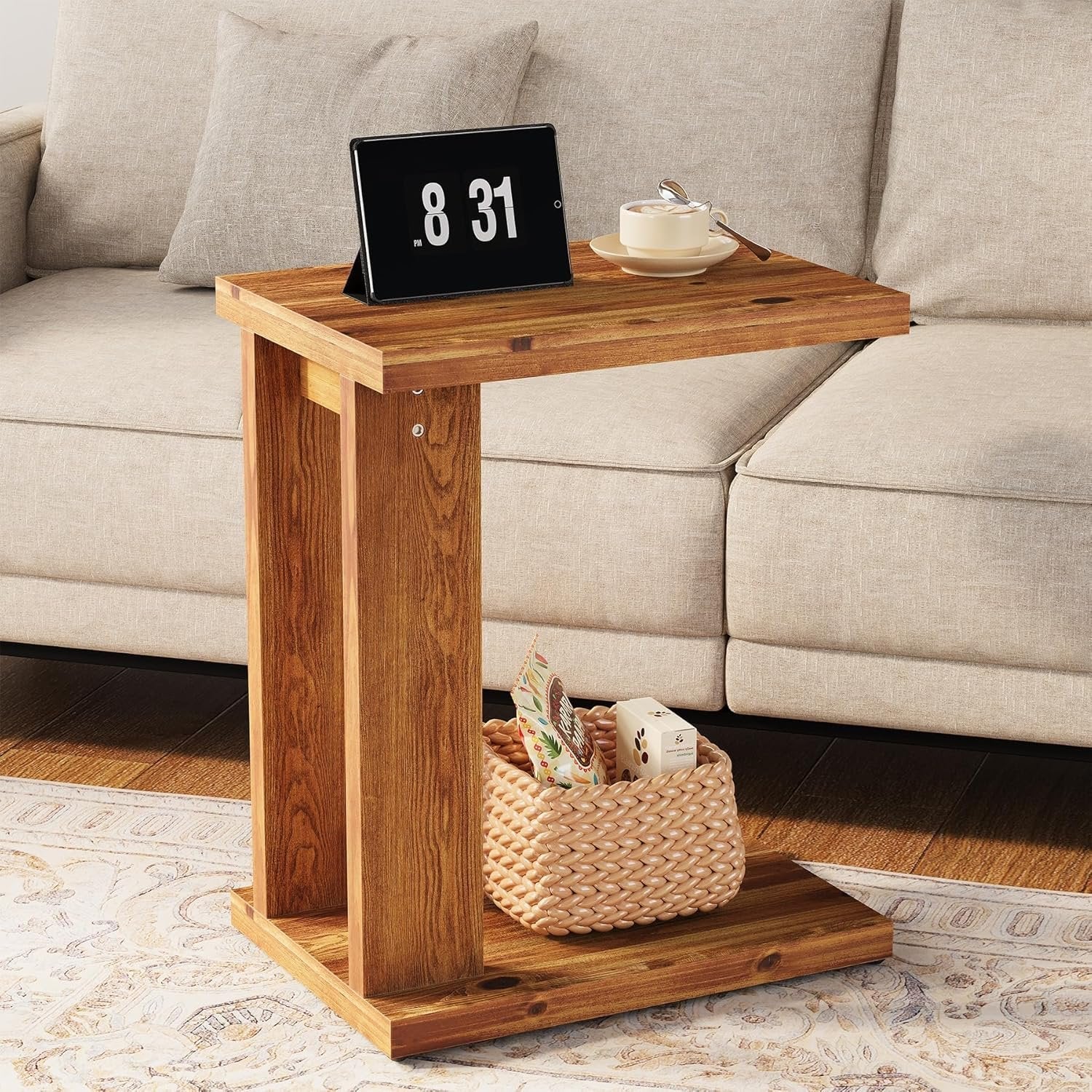C-Shaped End Table, Wood 2-Tier Side Table Bedside Nightstand - Image 3