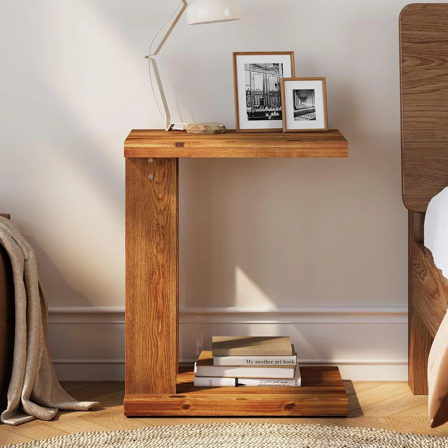 C-Shaped End Table, Wood 2-Tier Side Table Bedside Nightstand - Image 5
