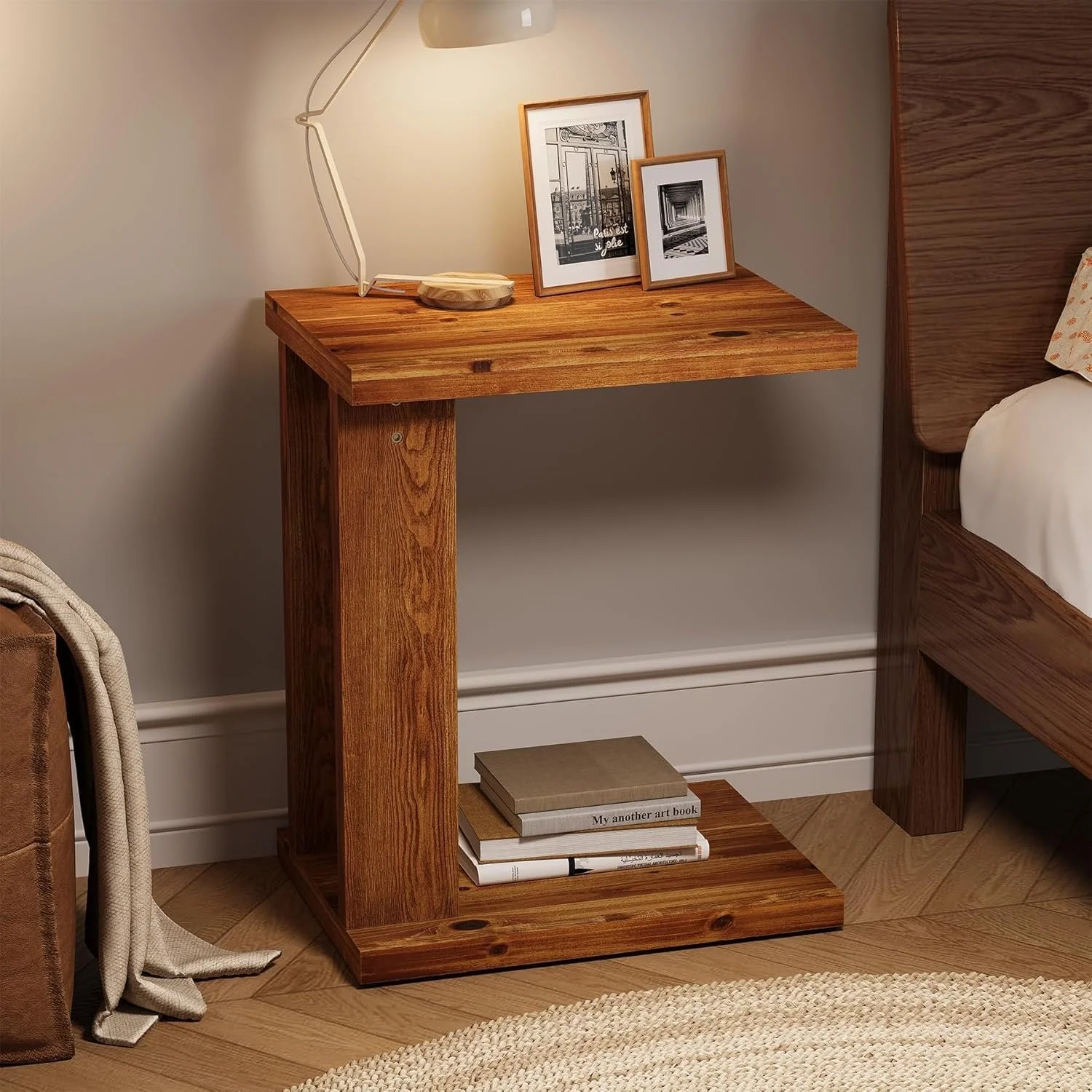 C-Shaped End Table, Wood 2-Tier Side Table Bedside Nightstand - Image 8