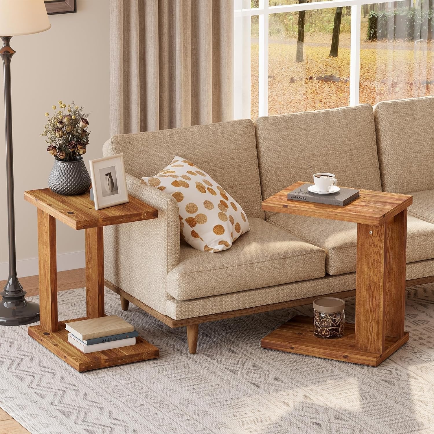 C-Shaped End Table, Wood 2-Tier Side Table Bedside Nightstand - Image 9