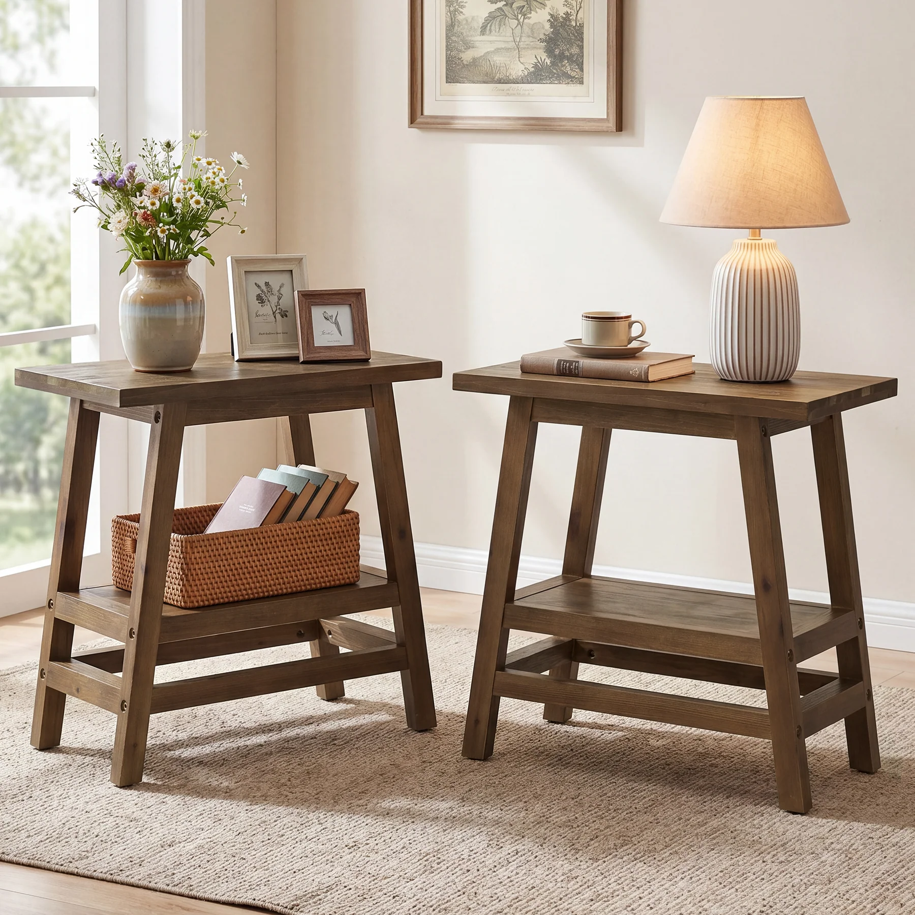 2-Tier Small Side Table, Farmhouse Rectangular Nightstand for Living Room, Bedroom - Image 5