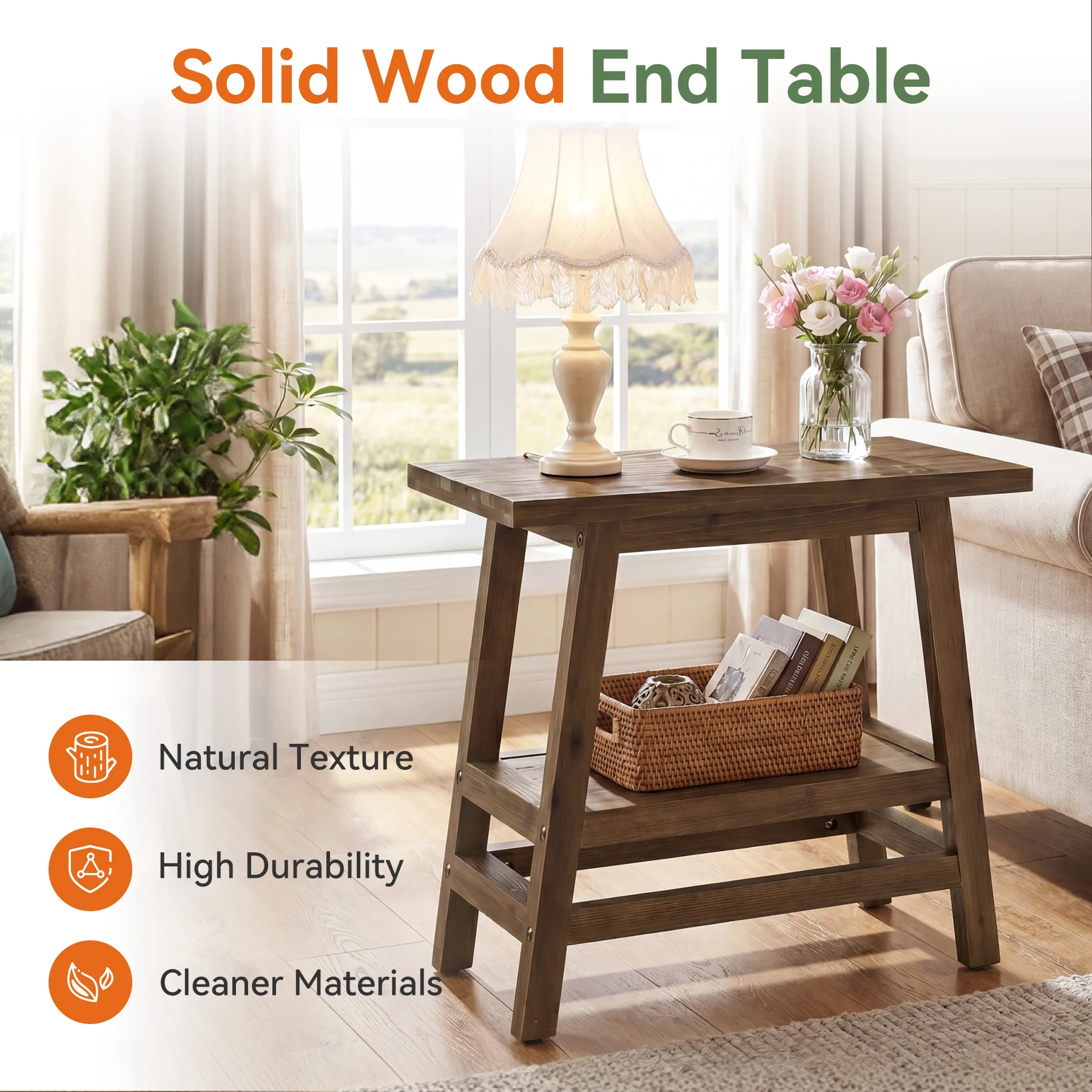 2-Tier Small Side Table, Farmhouse Rectangular Nightstand for Living Room, Bedroom - Image 6