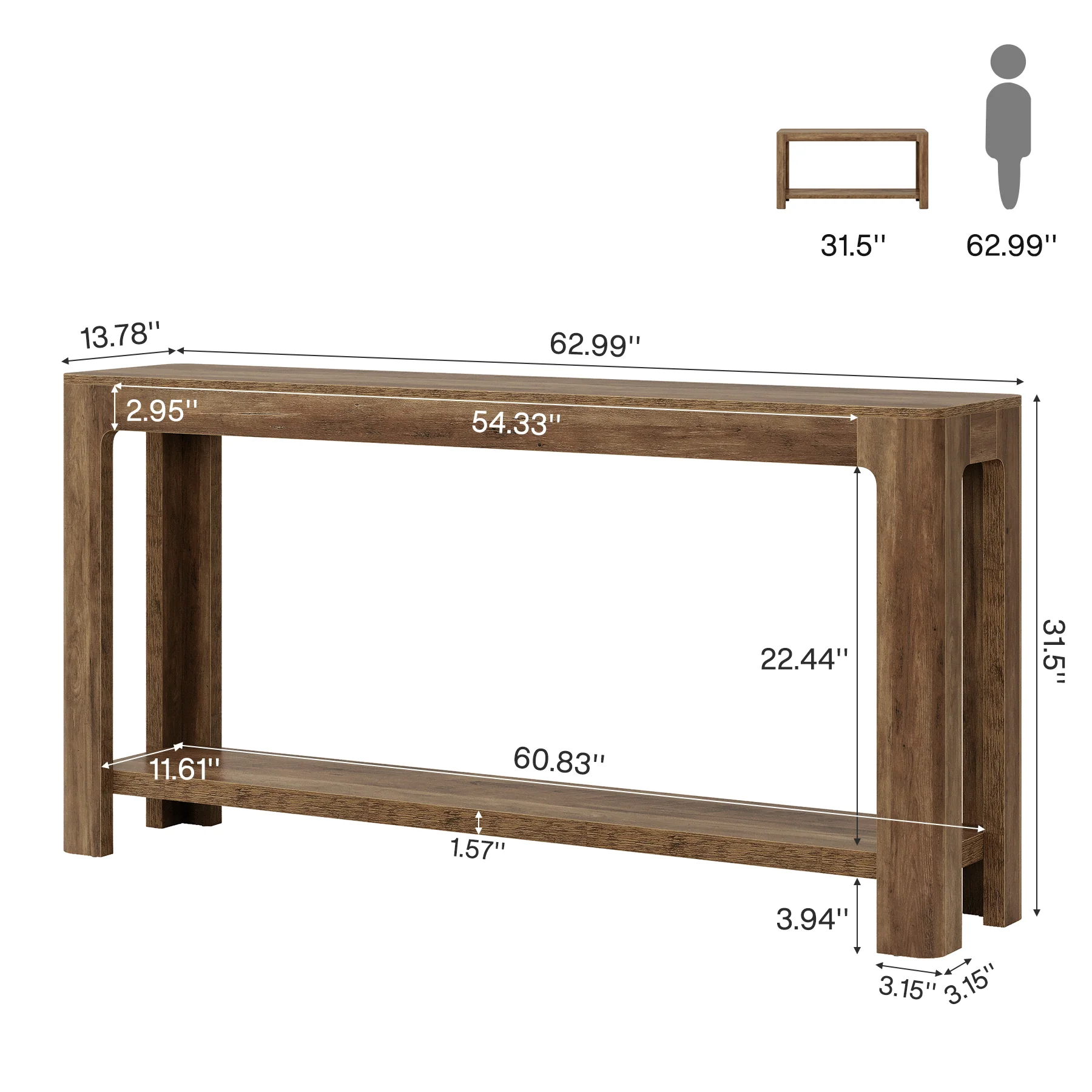 63" Console Table, Narrow 2-Tier Sofa Table Accent Entrance Console - Image 2
