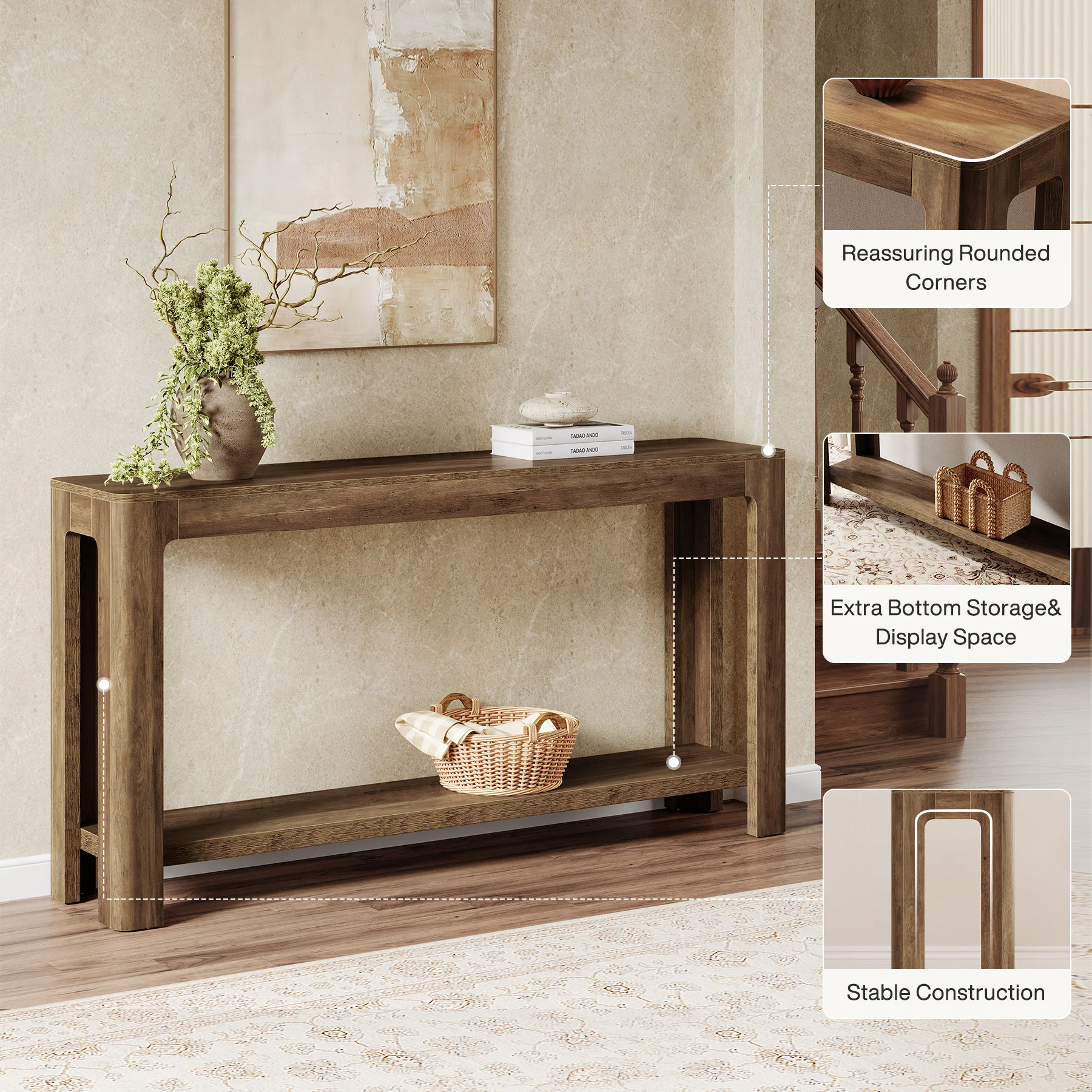 63" Console Table, Narrow 2-Tier Sofa Table Accent Entrance Console - Image 7