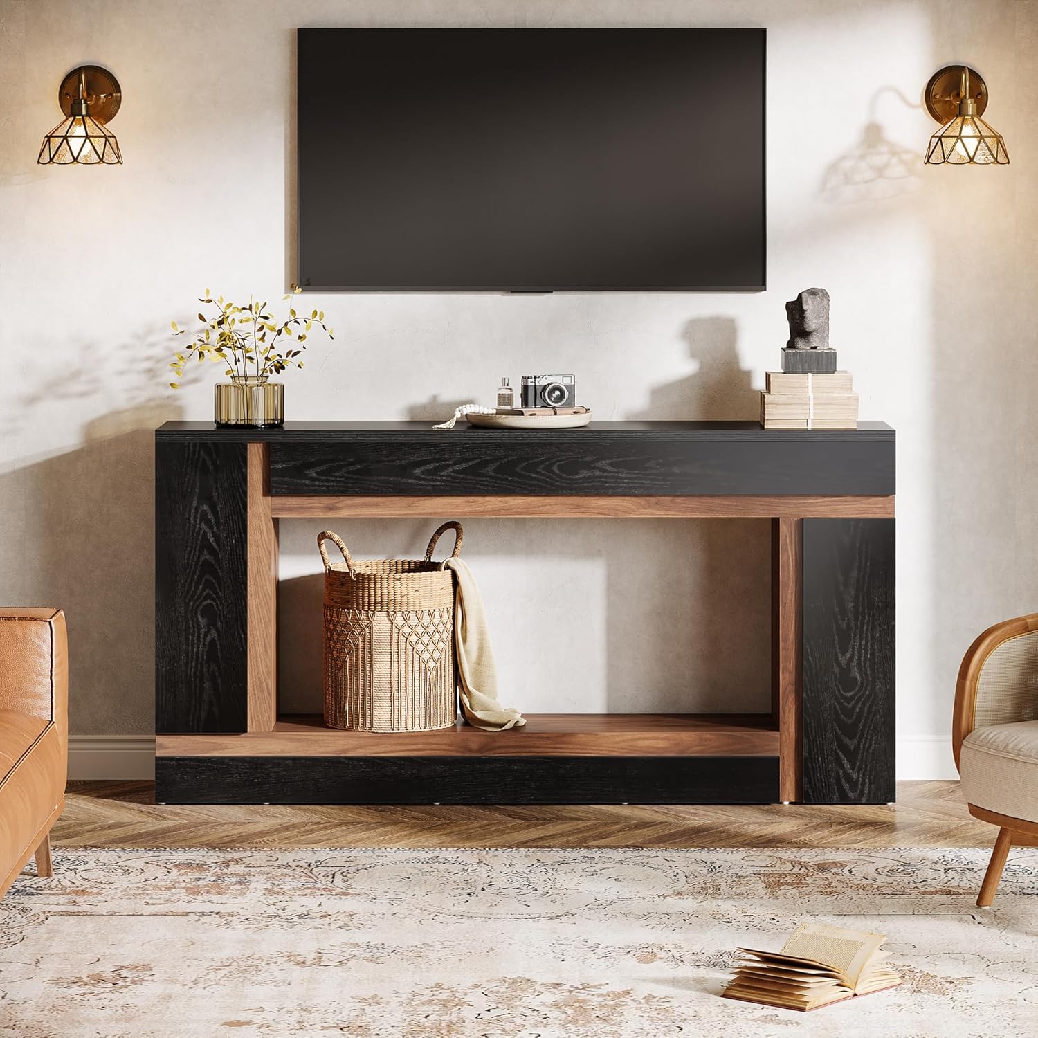 63" Console Table, 2-Tier Wooden Rectangular Sofa Table Hallway Table - Image 5