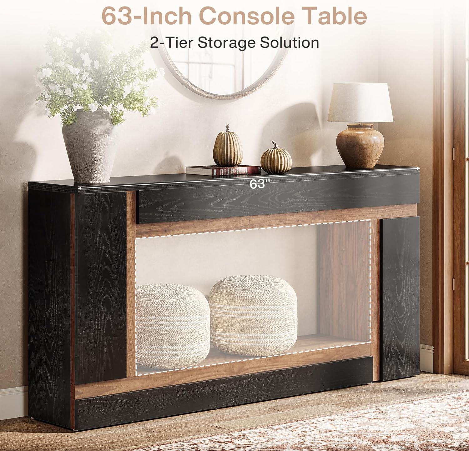 63" Console Table, 2-Tier Wooden Rectangular Sofa Table Hallway Table - Image 7