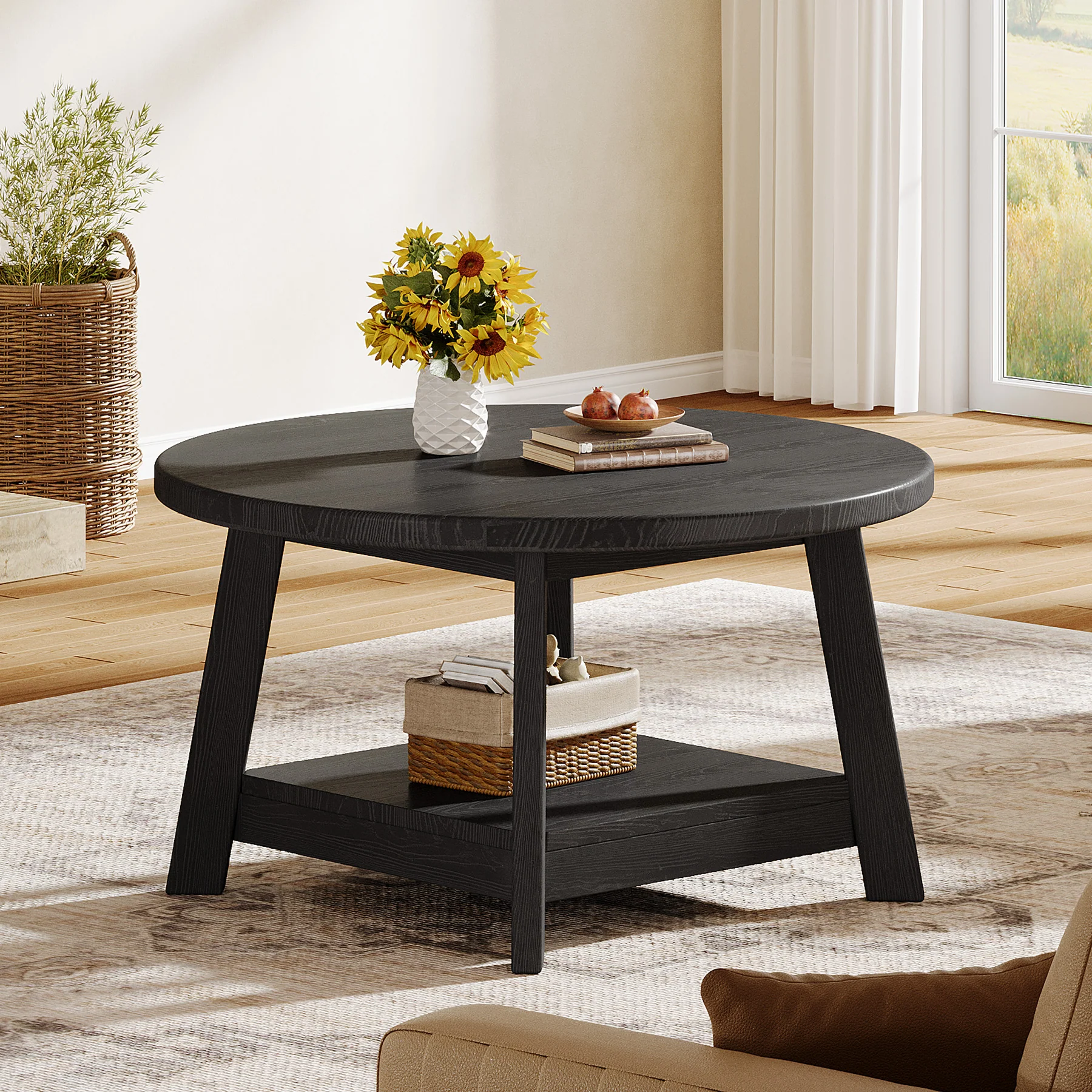 31.5" Round Coffee Table, 2-Tier Solid Wood Center Cocktail Accent Table - Image 10