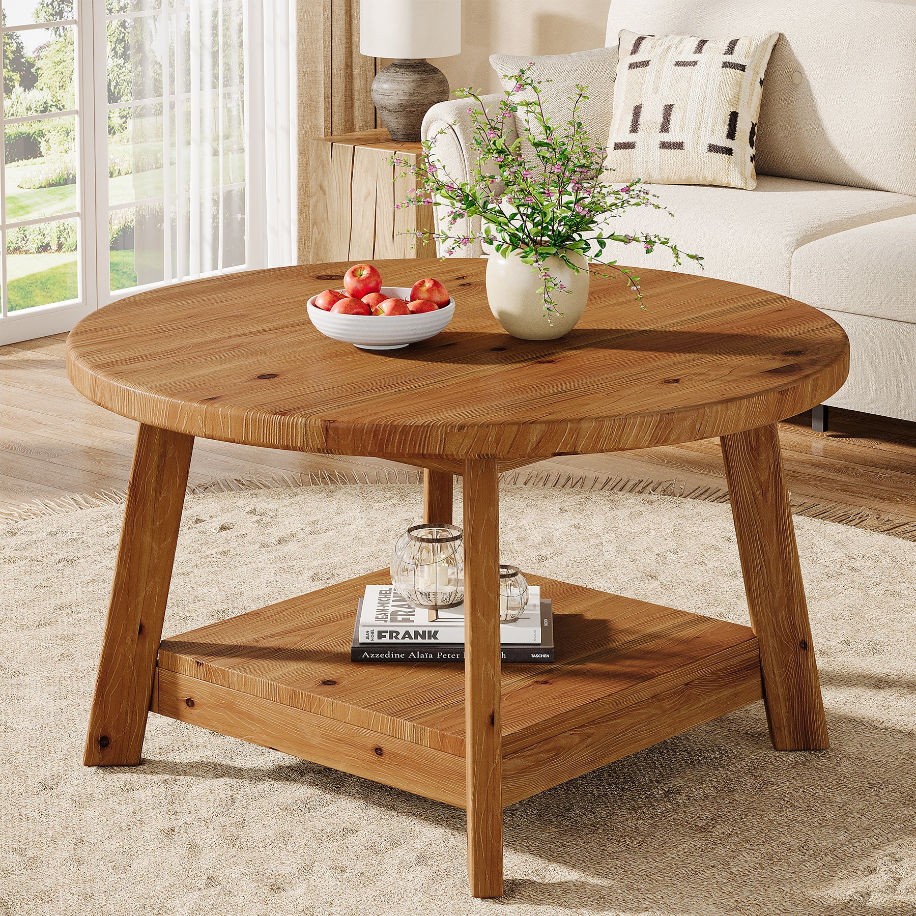 31.5" Round Coffee Table, 2-Tier Solid Wood Center Cocktail Accent Table - Image 3