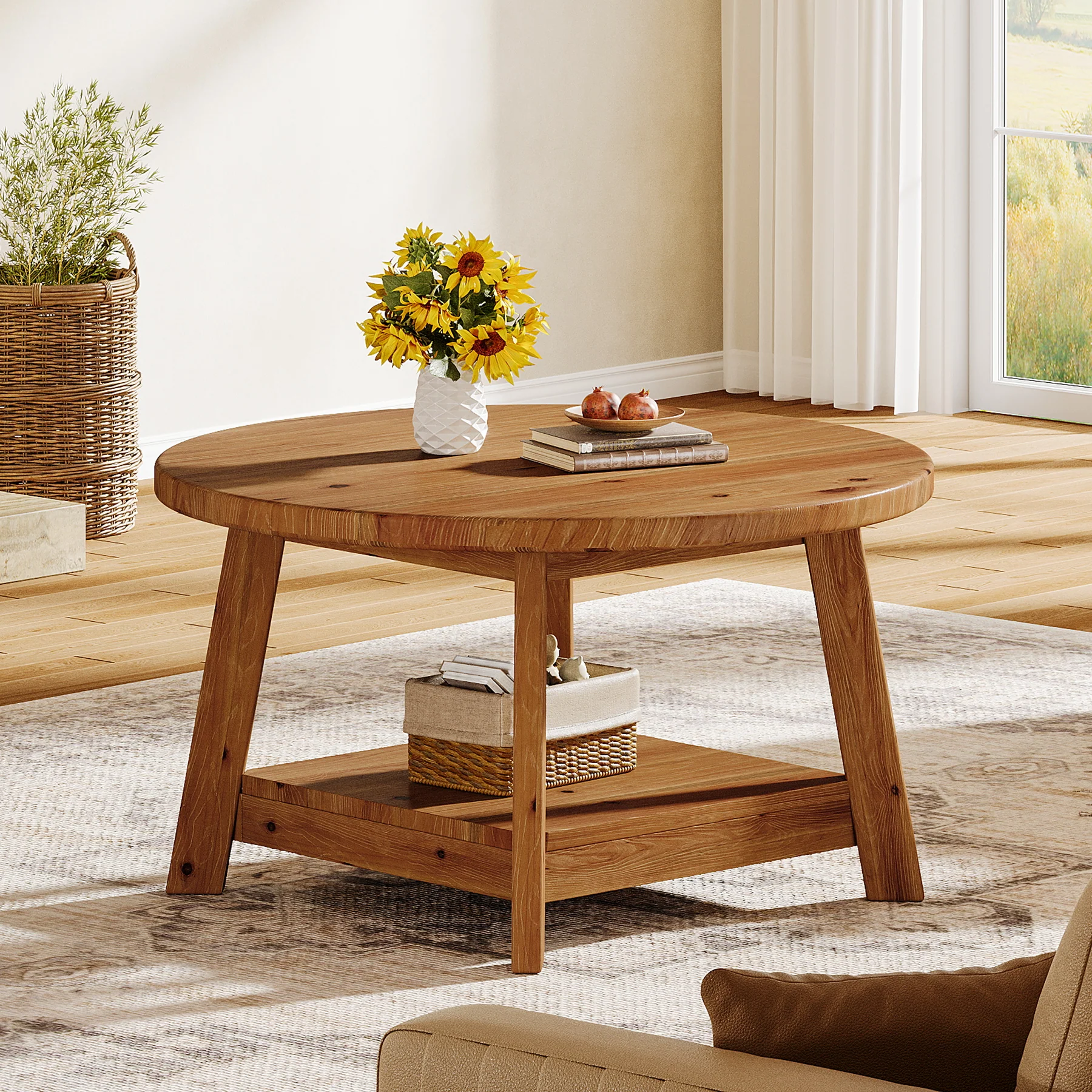 31.5" Round Coffee Table, 2-Tier Solid Wood Center Cocktail Accent Table - Image 4