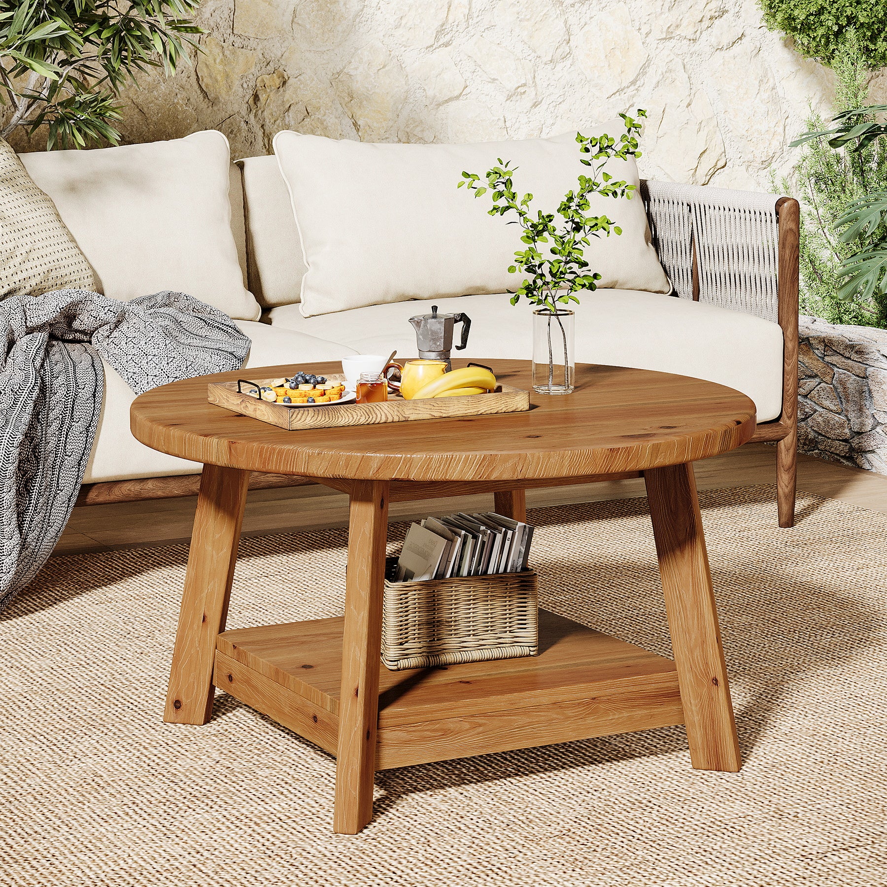 31.5" Round Coffee Table, 2-Tier Solid Wood Center Cocktail Accent Table - Image 5