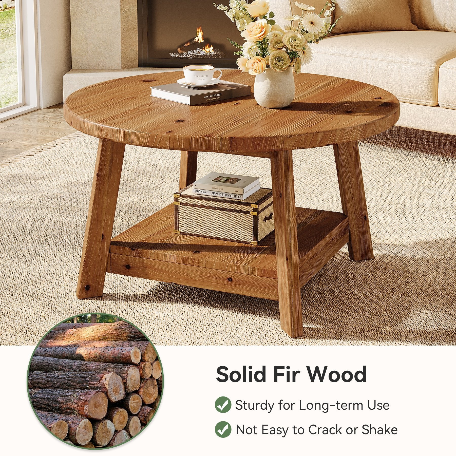 31.5" Round Coffee Table, 2-Tier Solid Wood Center Cocktail Accent Table - Image 7