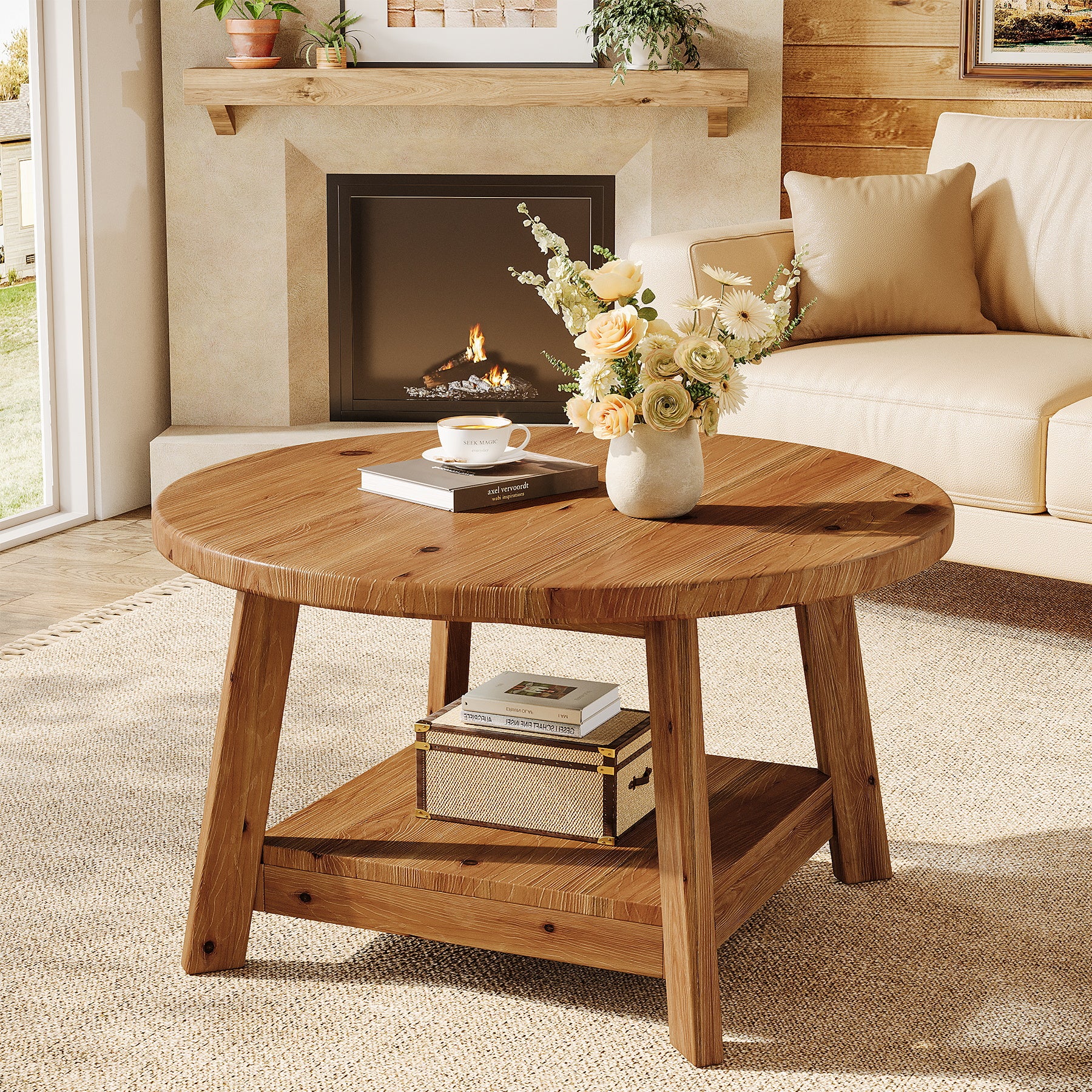 31.5" Round Coffee Table, 2-Tier Solid Wood Center Cocktail Accent Table - Image 8