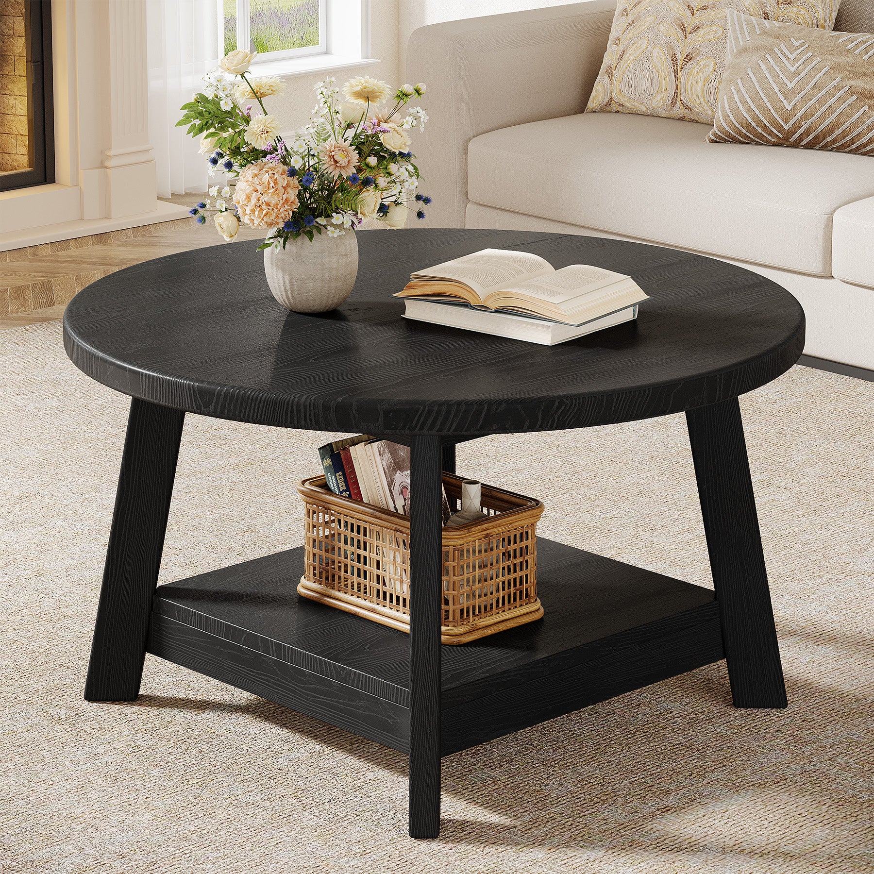 31.5" Round Coffee Table, 2-Tier Solid Wood Center Cocktail Accent Table - Image 9