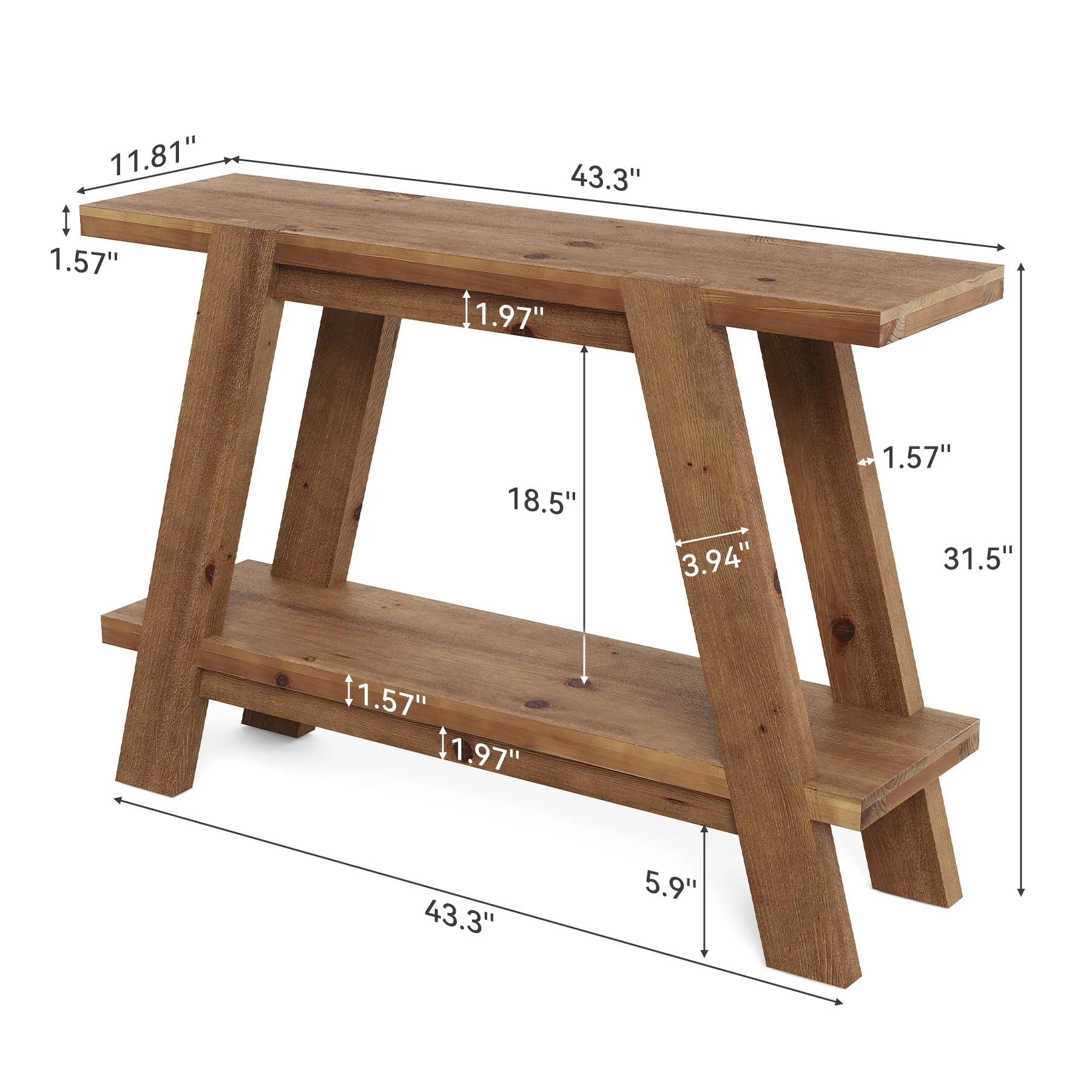 43" Narrow Console Table, 2-Tier Solid Wood Sofa Entryway Table - Image 2