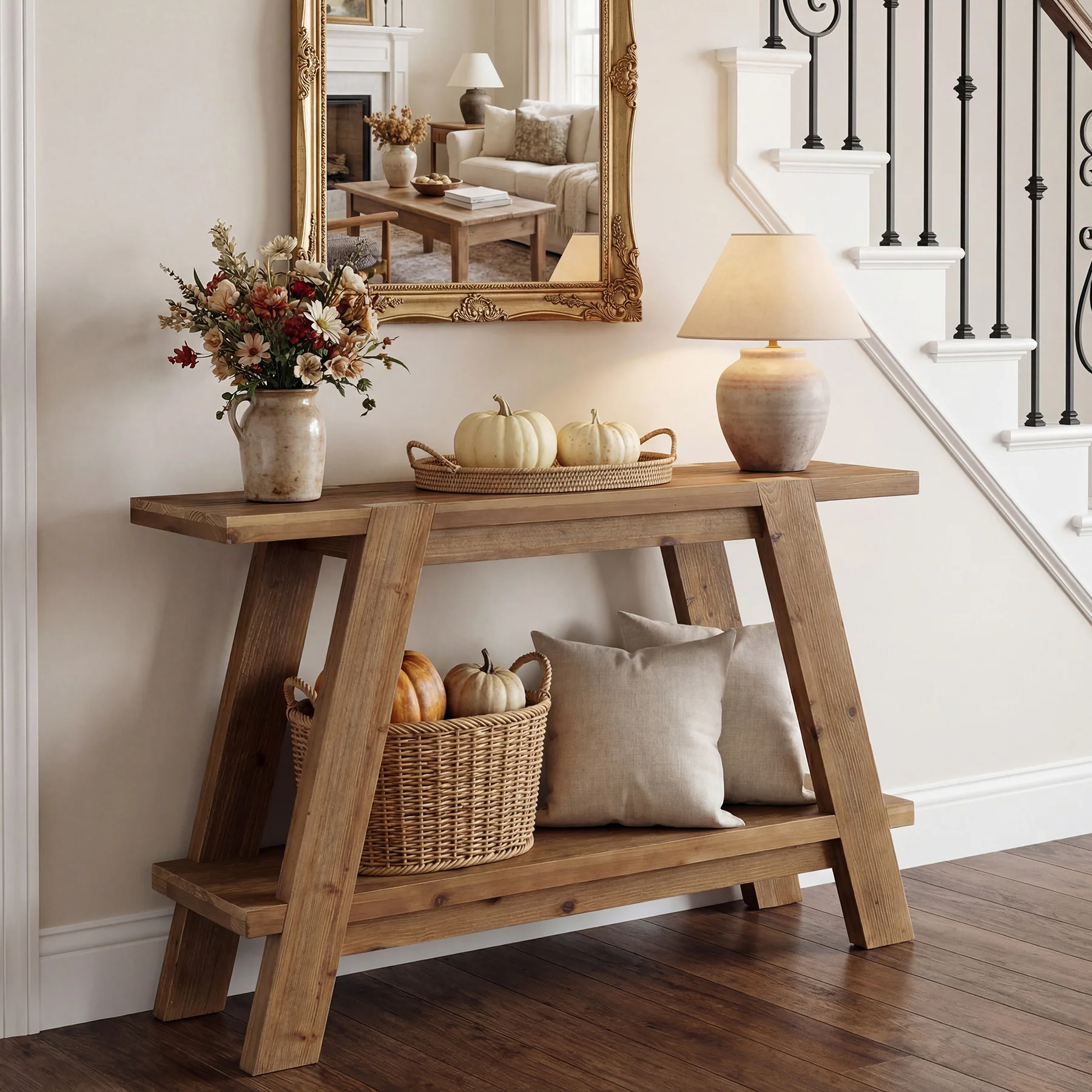 43" Narrow Console Table, 2-Tier Solid Wood Sofa Entryway Table - Image 5