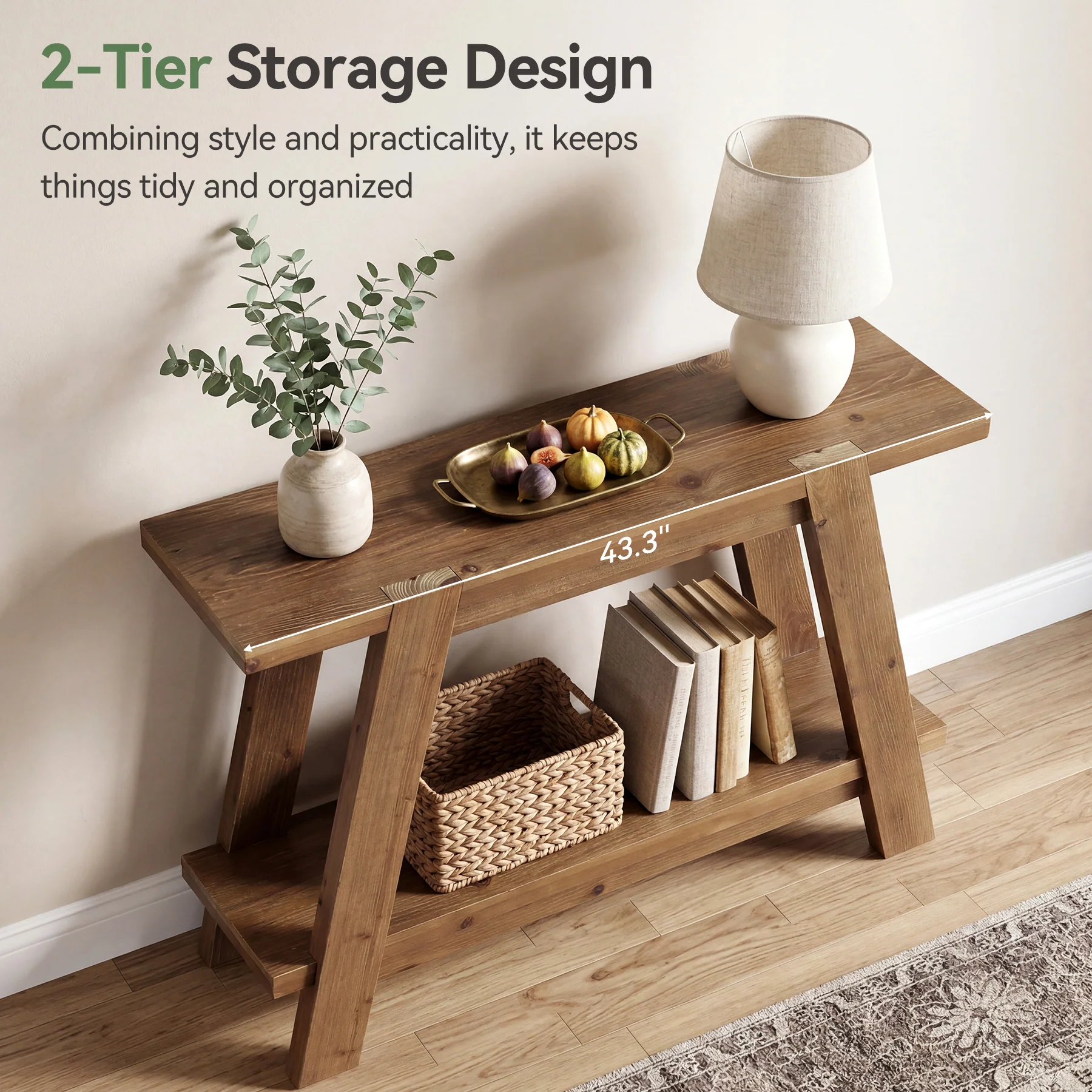43" Narrow Console Table, 2-Tier Solid Wood Sofa Entryway Table - Image 6