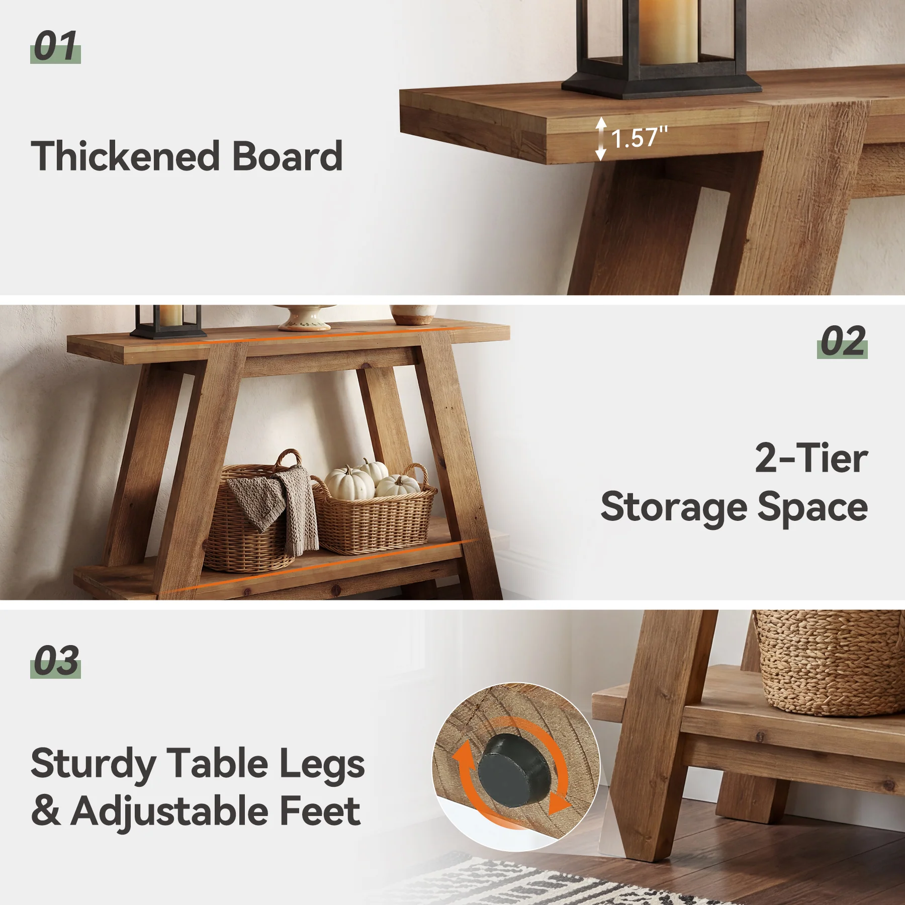 43" Narrow Console Table, 2-Tier Solid Wood Sofa Entryway Table - Image 7