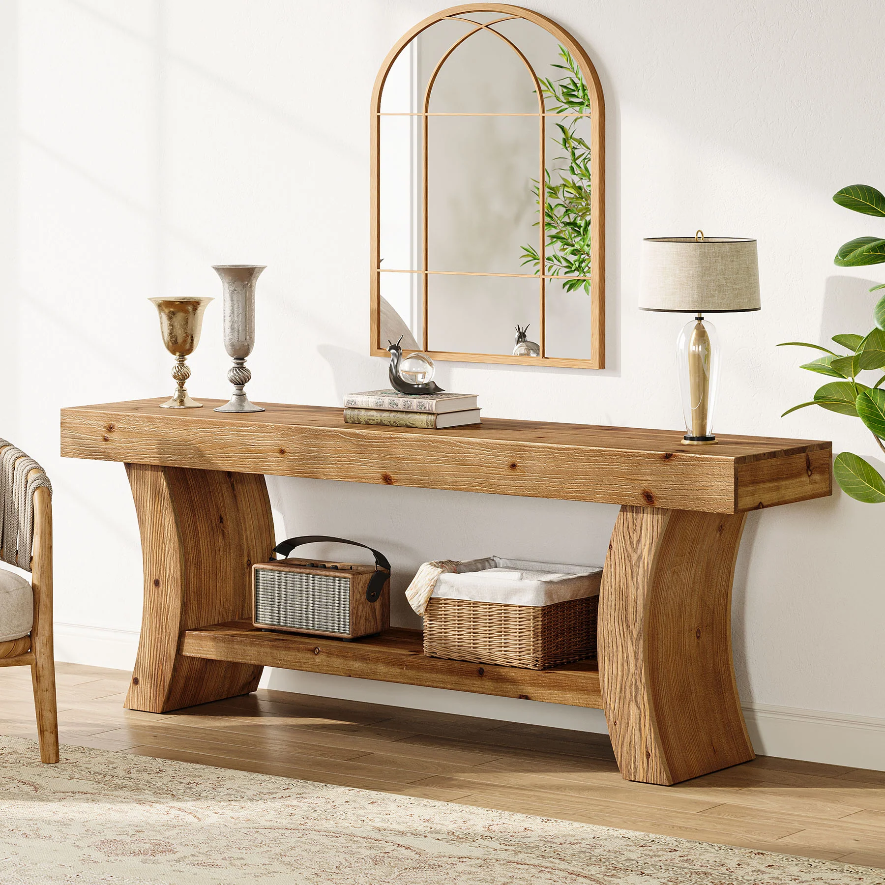 2-Tier Solid Wood Console Table, 63" Farmhouse Sofa Table Behind Couch - Image 3
