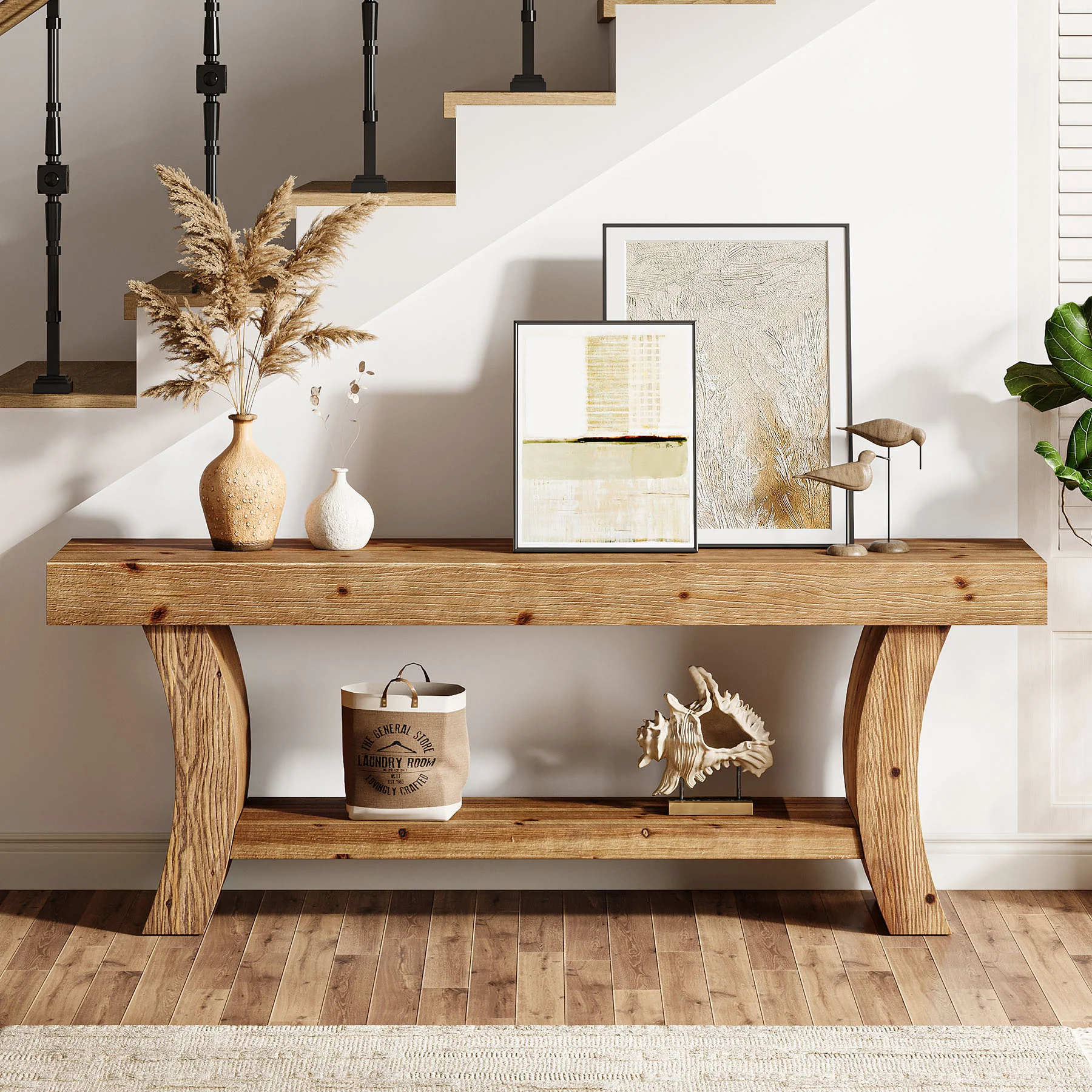 2-Tier Solid Wood Console Table, 63" Farmhouse Sofa Table Behind Couch - Image 4