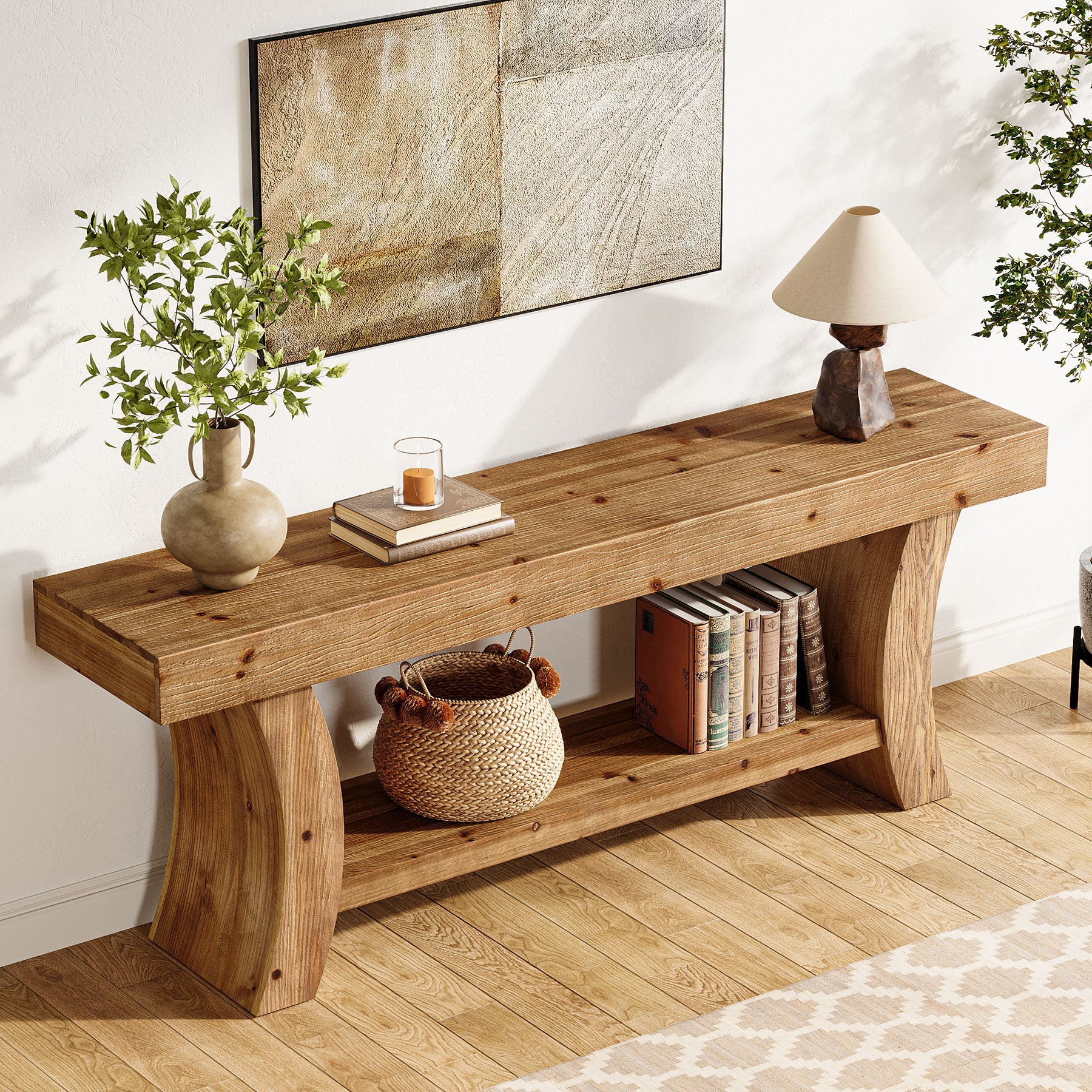 2-Tier Solid Wood Console Table, 63" Farmhouse Sofa Table Behind Couch - Image 5